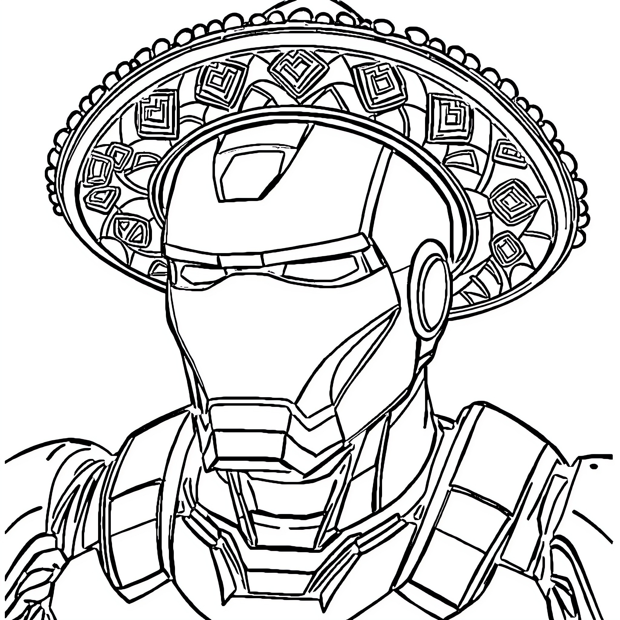 Iron Man in Decorative Armor Pose Coloring Page (free black-and-white line drawing printable PDF for all, from beginners to advanced learners, including children, teens, adults, and seniors)