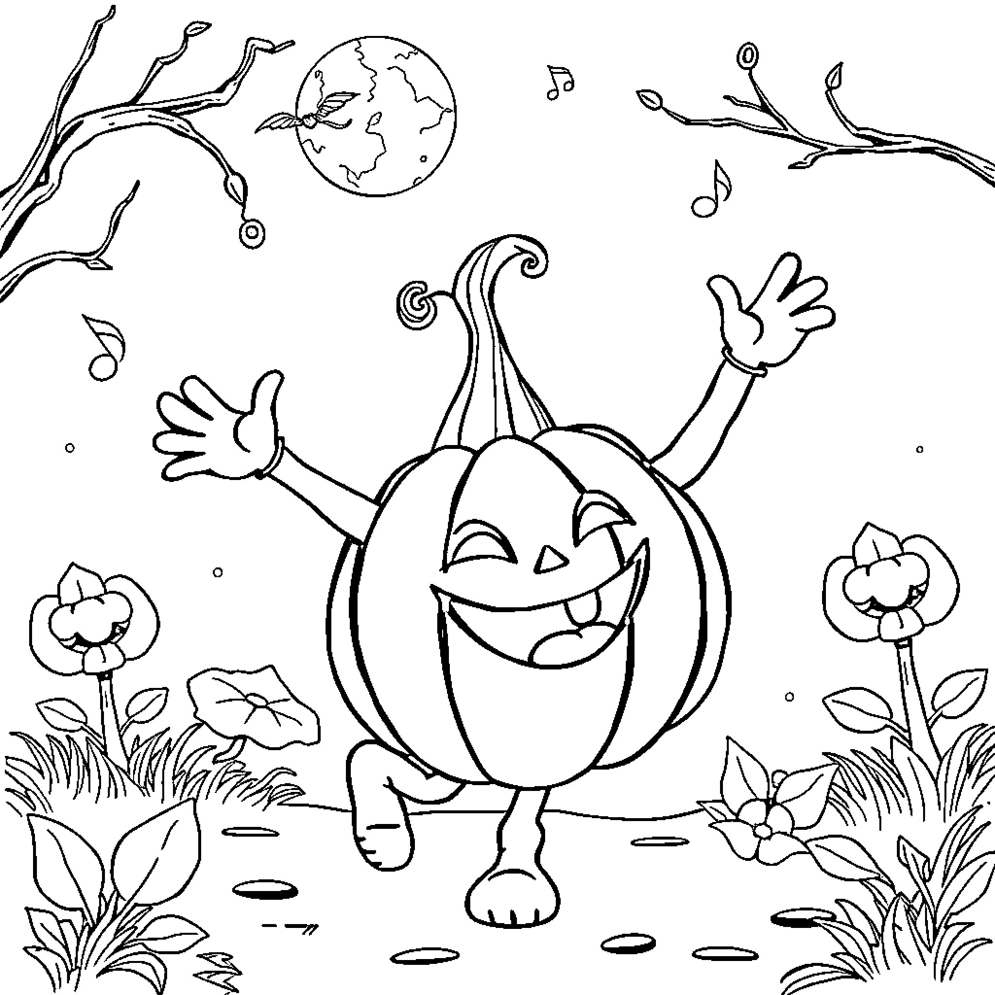 Pumpkin character dancing joyfully in nature Coloring Page (free black-and-white line drawing printable PDF for all, from beginners to advanced learners, including children, teens, adults, and seniors)