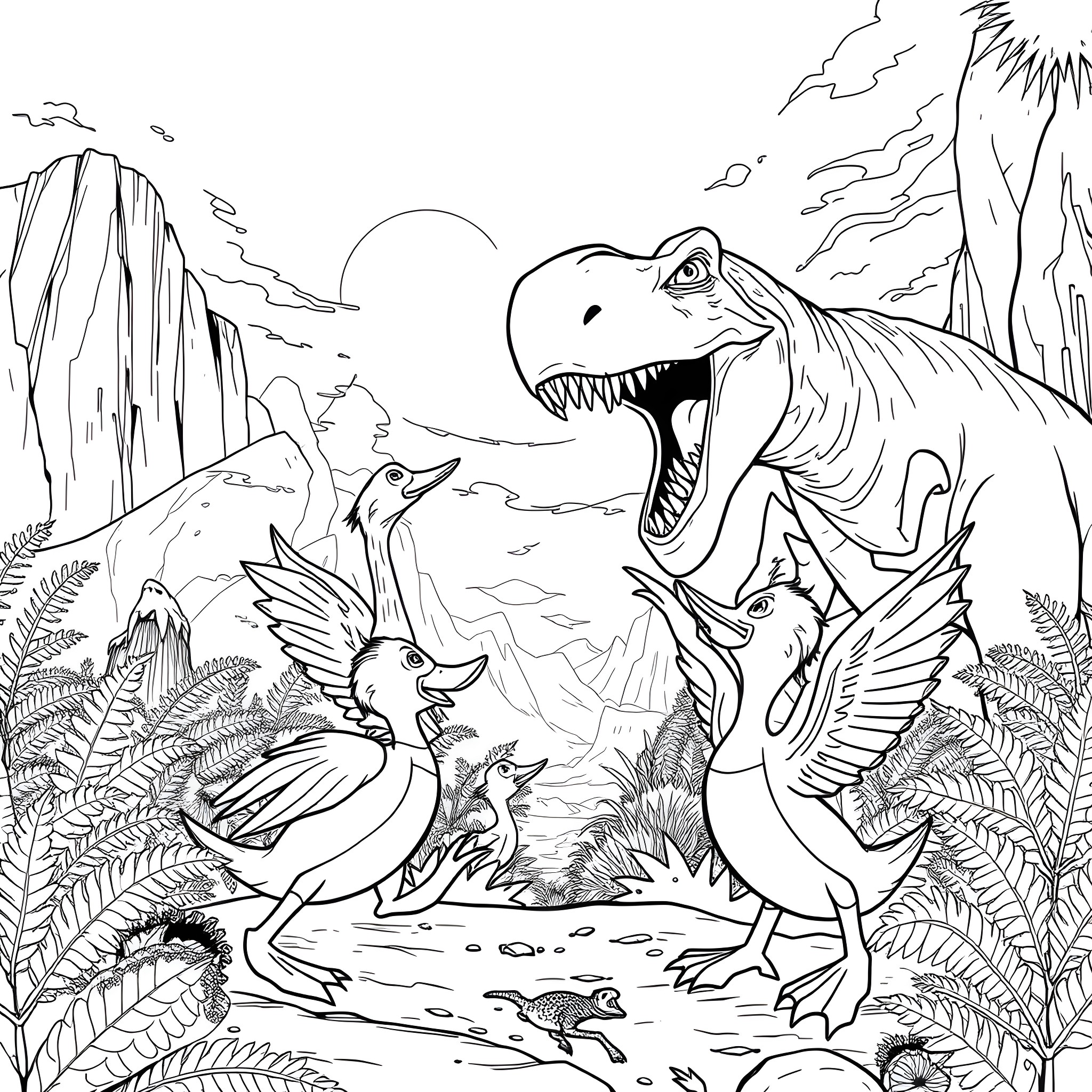 Duck Encounters Fierce Dinosaur in Prehistoric Landscape Coloring Page (free black-and-white line drawing printable PDF for all, from beginners to advanced learners, including children, teens, adults, and seniors)