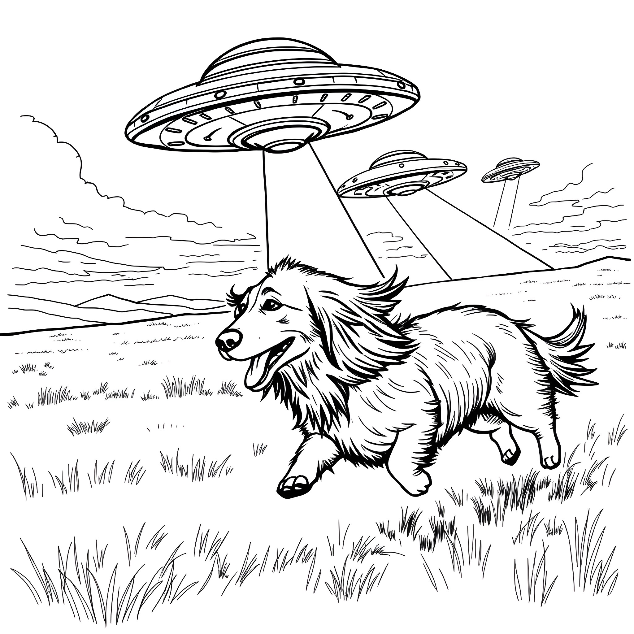 Dachshund running from UFOs in a field Coloring Page (free black-and-white line drawing printable PDF for all, from beginners to advanced learners, including children, teens, adults, and seniors)