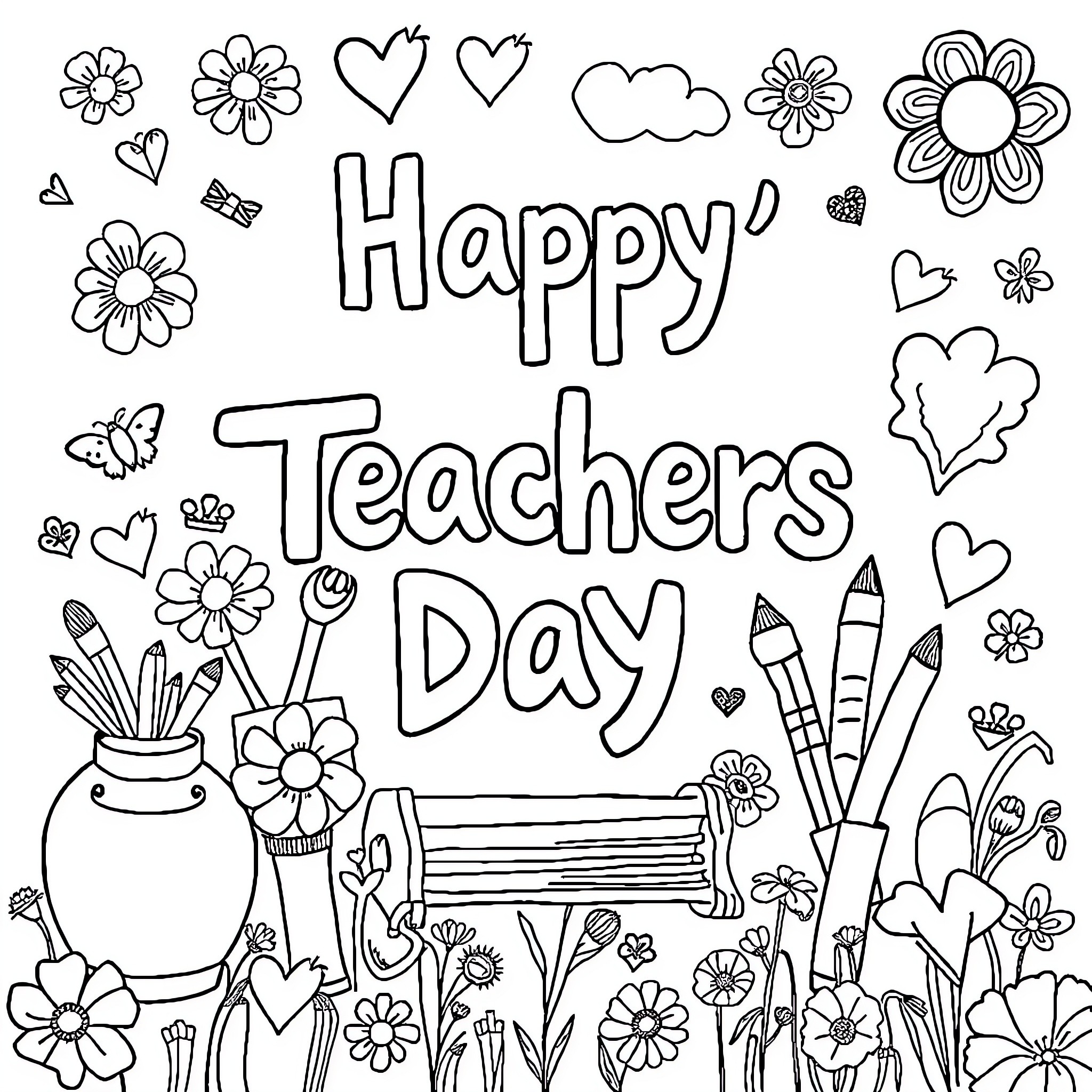 Teacher creating a happy and colorful Teachers Day Coloring Page (free black-and-white line drawing printable PDF for all, from beginners to advanced learners, including children, teens, adults, and seniors)