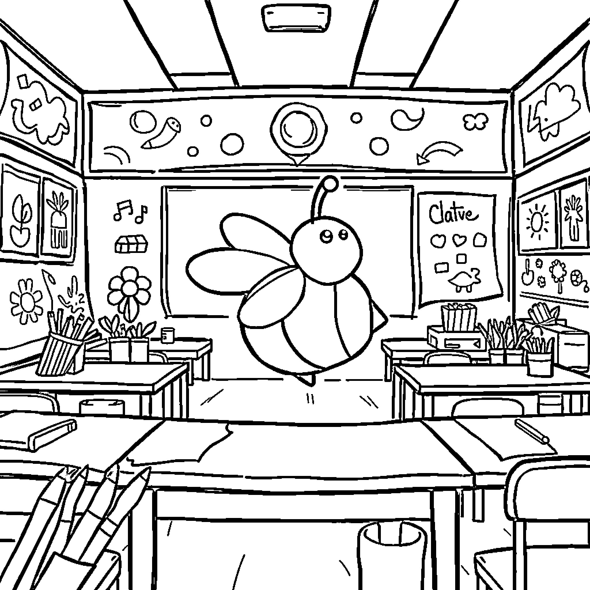 Bee's Art Classroom Adventure Coloring Page (free black-and-white line drawing printable PDF for all, from beginners to advanced learners, including children, teens, adults, and seniors)