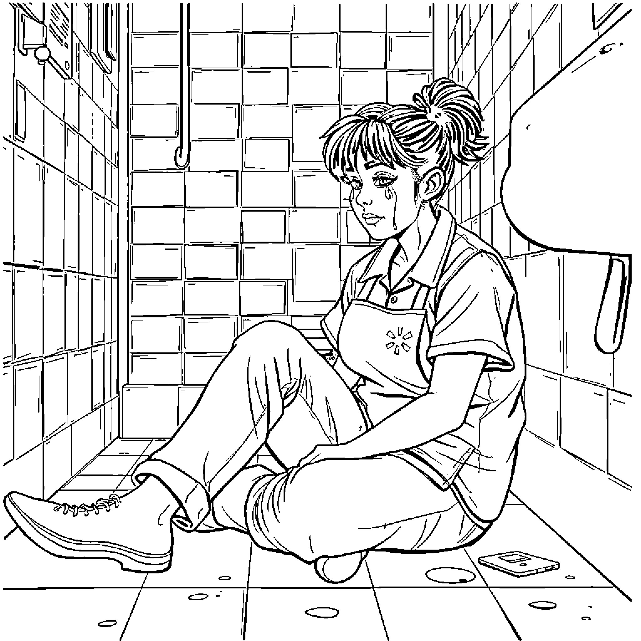 Employee seated alone in confined space Coloring Page (free black-and-white line drawing printable PDF for all, from beginners to advanced learners, including children, teens, adults, and seniors)