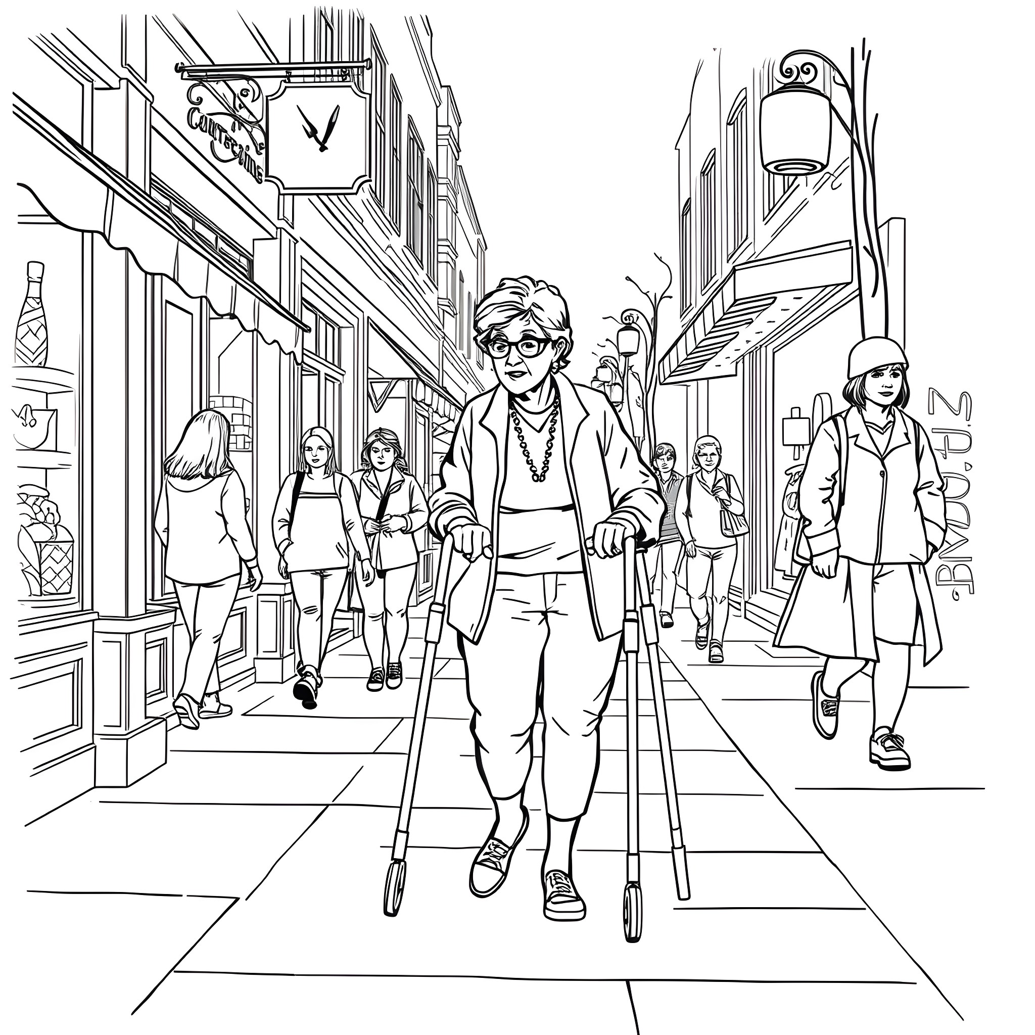 Woman walking down a busy city street Coloring Page (free black-and-white line drawing printable PDF for all, from beginners to advanced learners, including children, teens, adults, and seniors)