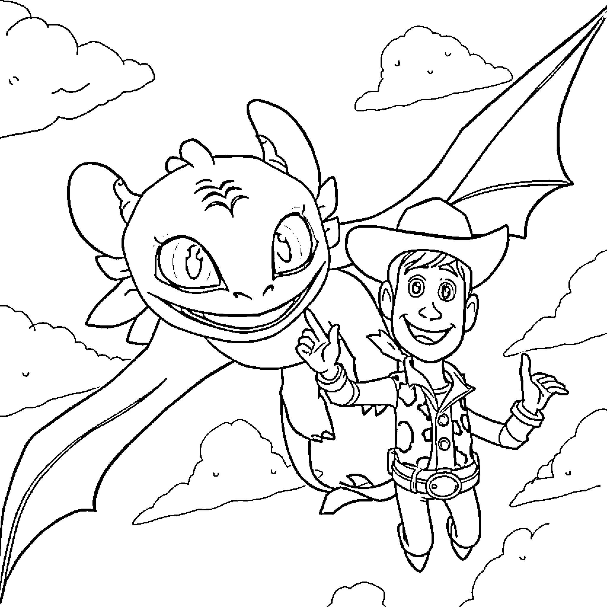 Toothless flying with his human companion Coloring Page (free black-and-white line drawing printable PDF for all, from beginners to advanced learners, including children, teens, adults, and seniors)