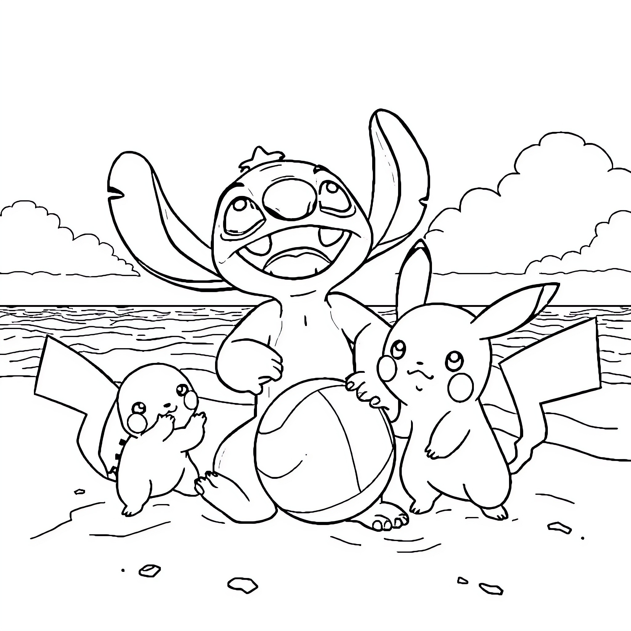 Bluey and friends playing on the beach Coloring Page (free black-and-white line drawing printable PDF for all, from beginners to advanced learners, including children, teens, adults, and seniors)