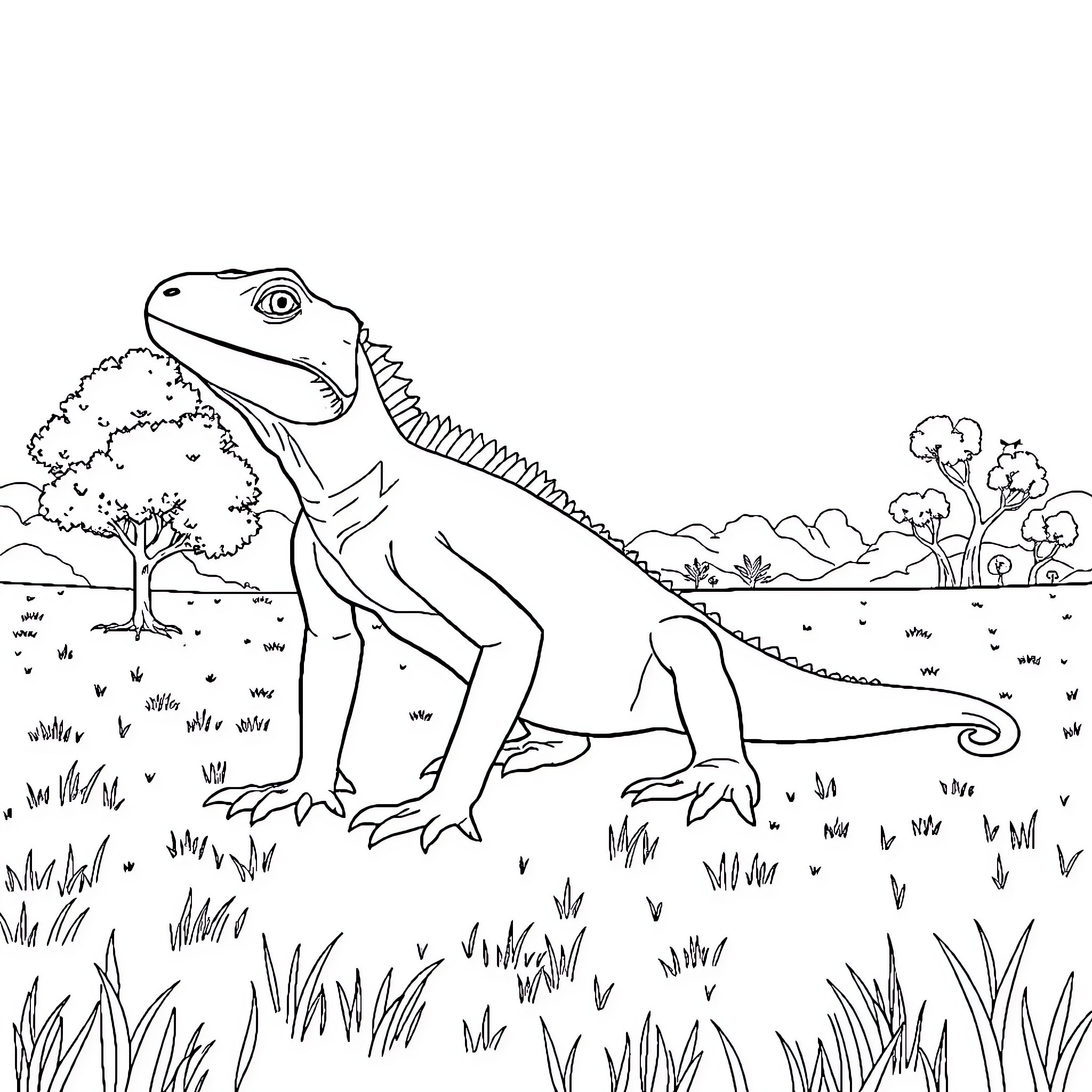 Komodo Dragon roaming through a natural landscape Coloring Page (free black-and-white line drawing printable PDF for all, from beginners to advanced learners, including children, teens, adults, and seniors)
