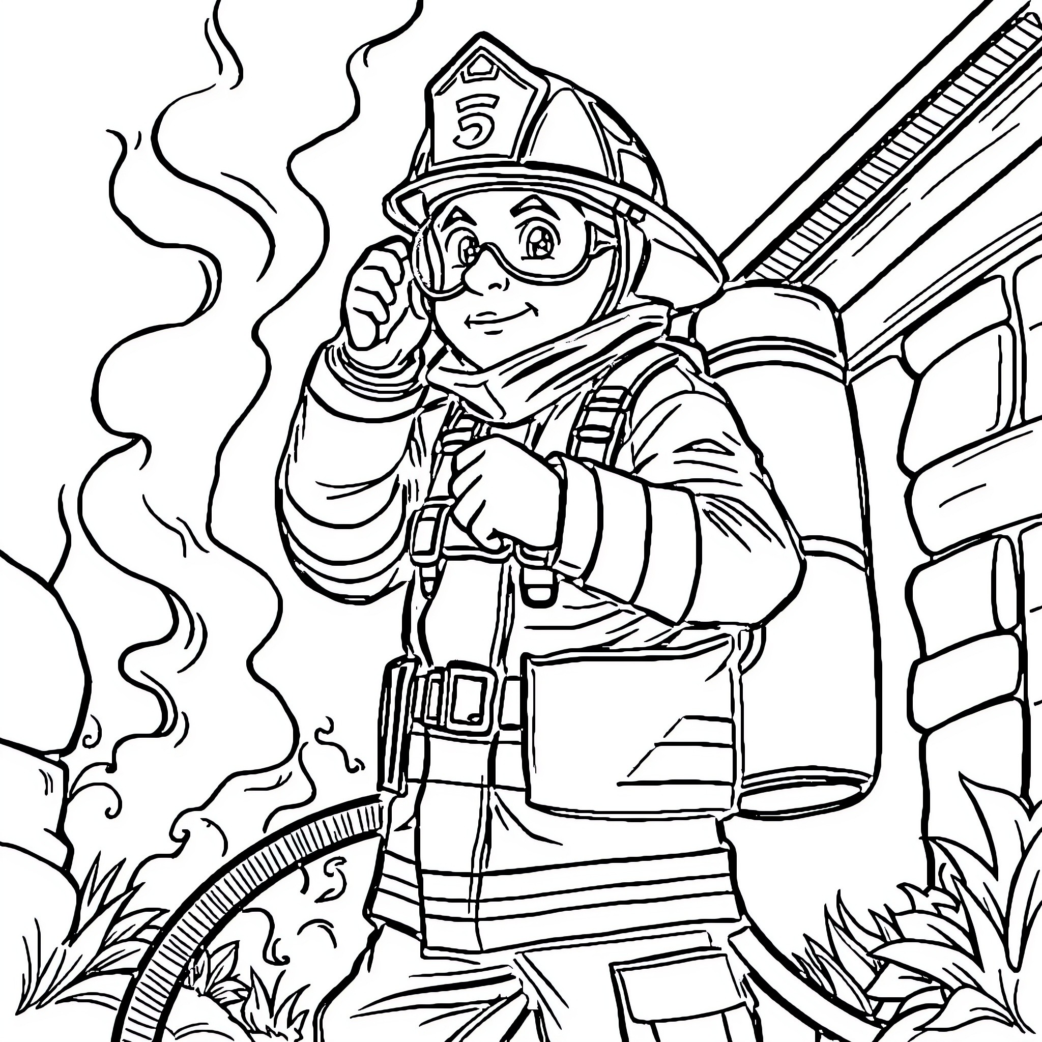 Firefighter battling a blaze with determination Coloring Page (free black-and-white line drawing printable PDF for all, from beginners to advanced learners, including children, teens, adults, and seniors)