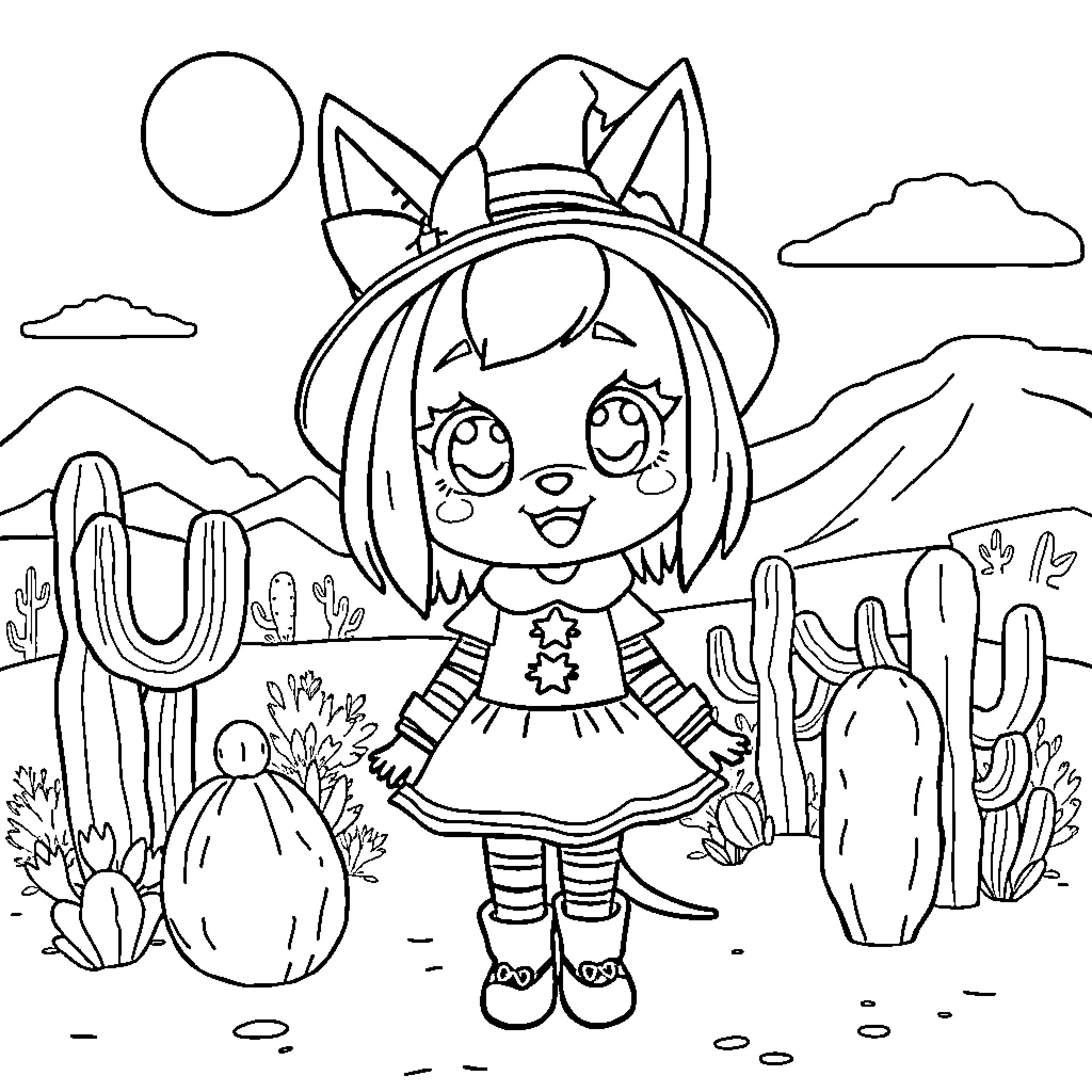 Kuromi exploring the desert landscape Coloring Page (free black-and-white line drawing printable PDF for all, from beginners to advanced learners, including children, teens, adults, and seniors)