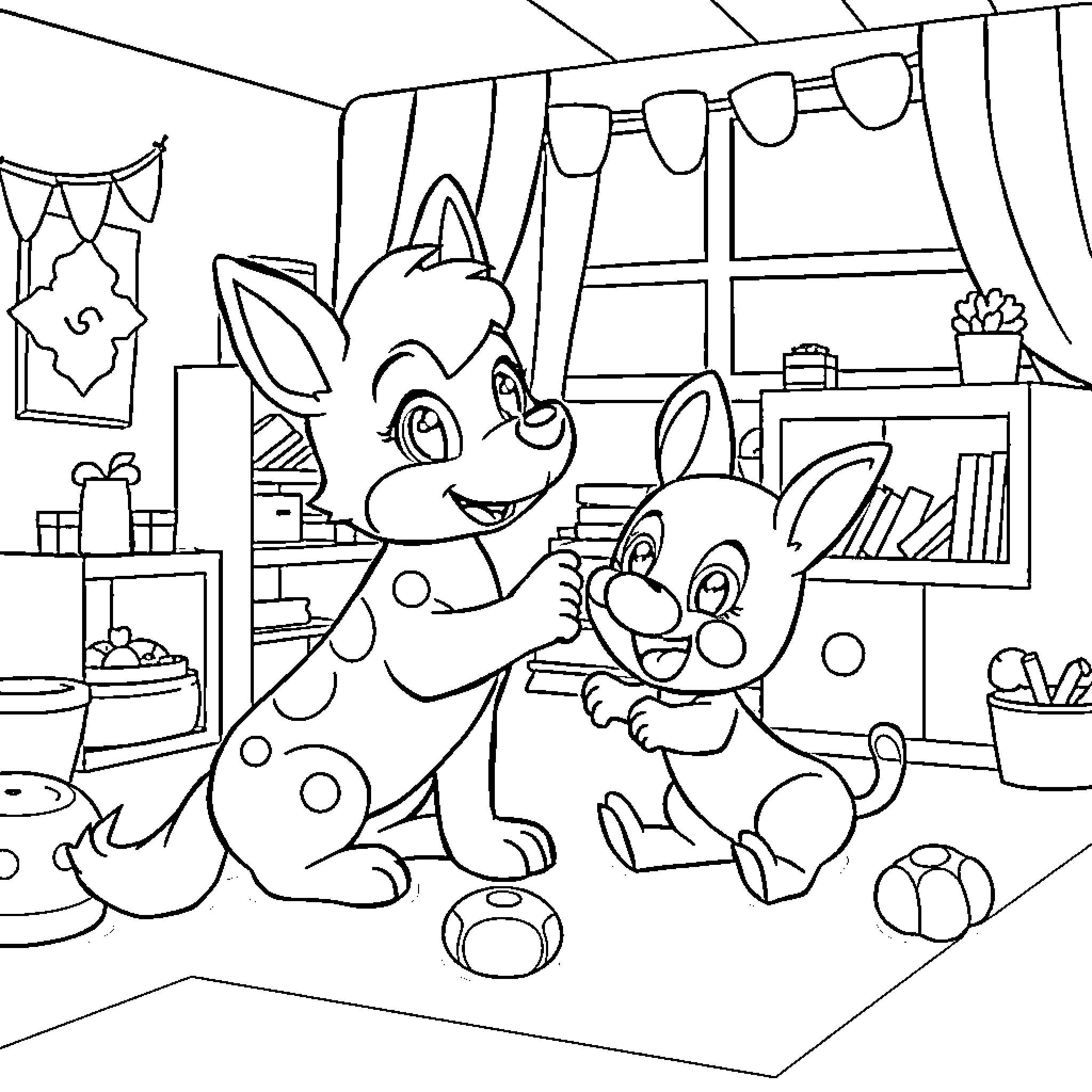 Huntrix's Cozy Playroom Adventure Coloring Page (free black-and-white line drawing printable PDF for all, from beginners to advanced learners, including children, teens, adults, and seniors)