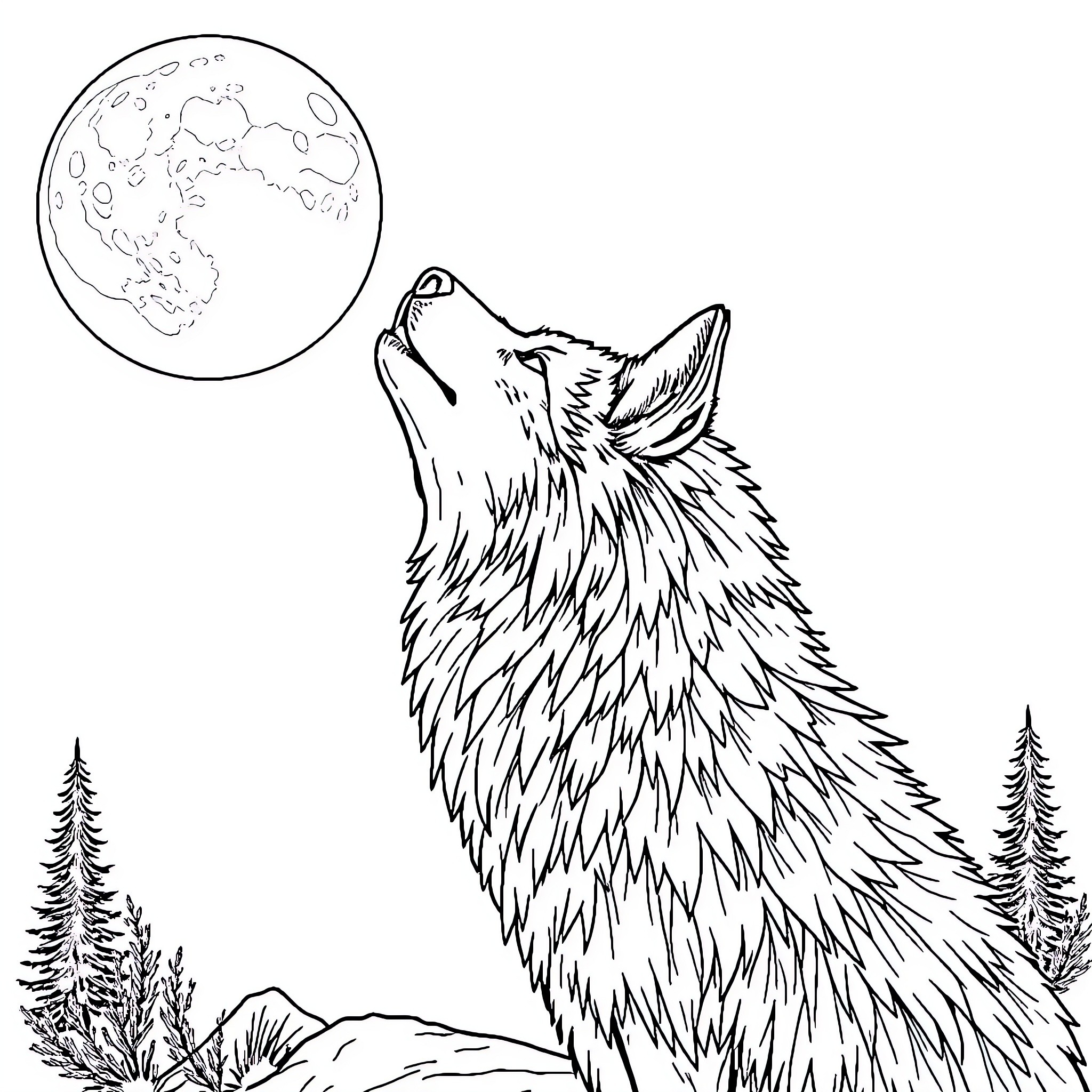 Hati: Majestic wolf howling under the moonlit night Coloring Page (free black-and-white line drawing printable PDF for all, from beginners to advanced learners, including children, teens, adults, and seniors)
