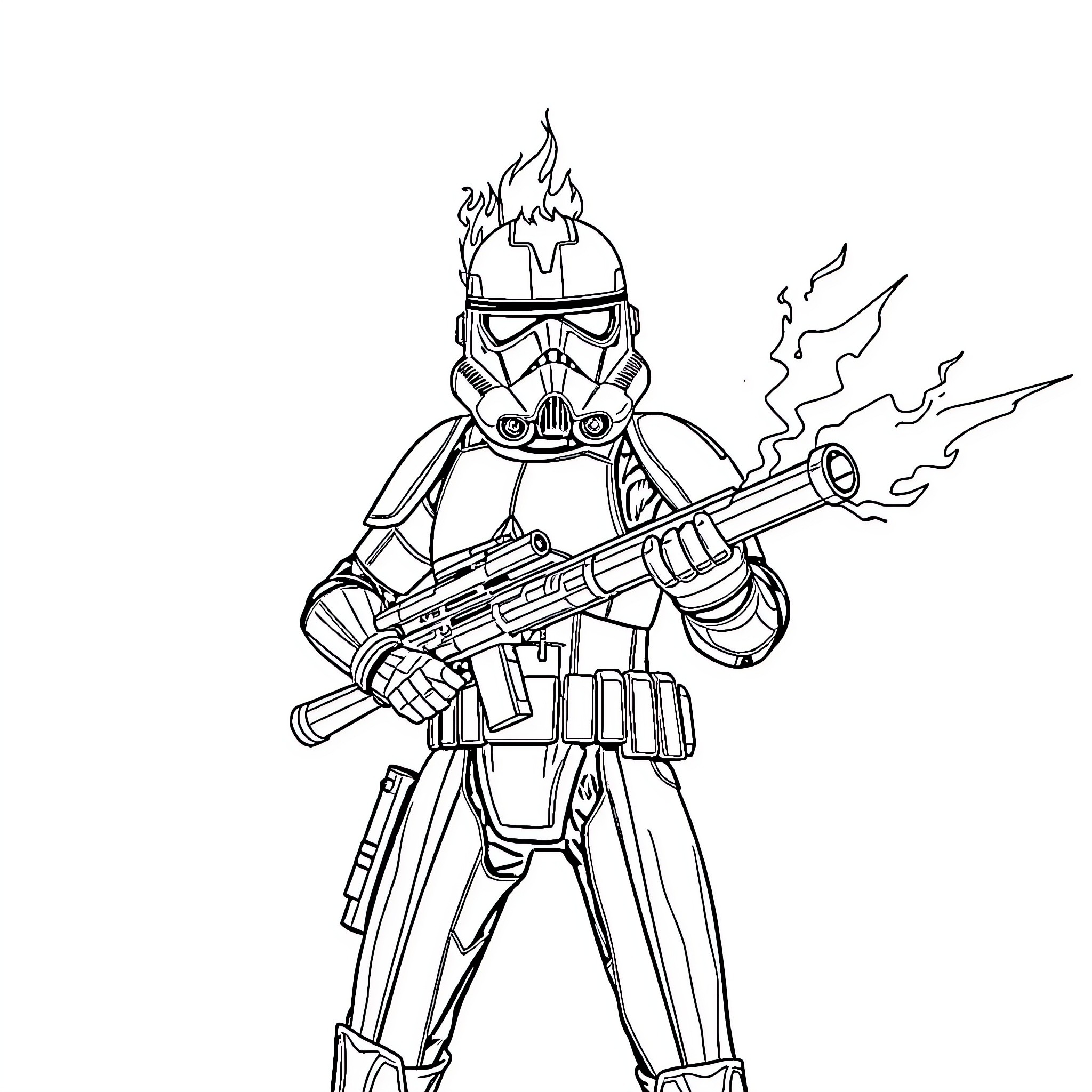 Flame Trooper in combat with blaster rifle Coloring Page (free black-and-white line drawing printable PDF for all, from beginners to advanced learners, including children, teens, adults, and seniors)