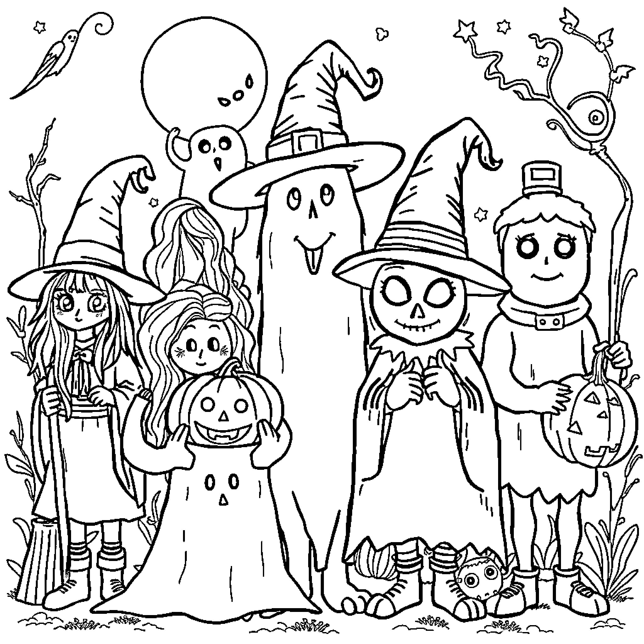 Creature playing together in a Halloween scene Coloring Page (free black-and-white line drawing printable PDF for all, from beginners to advanced learners, including children, teens, adults, and seniors)