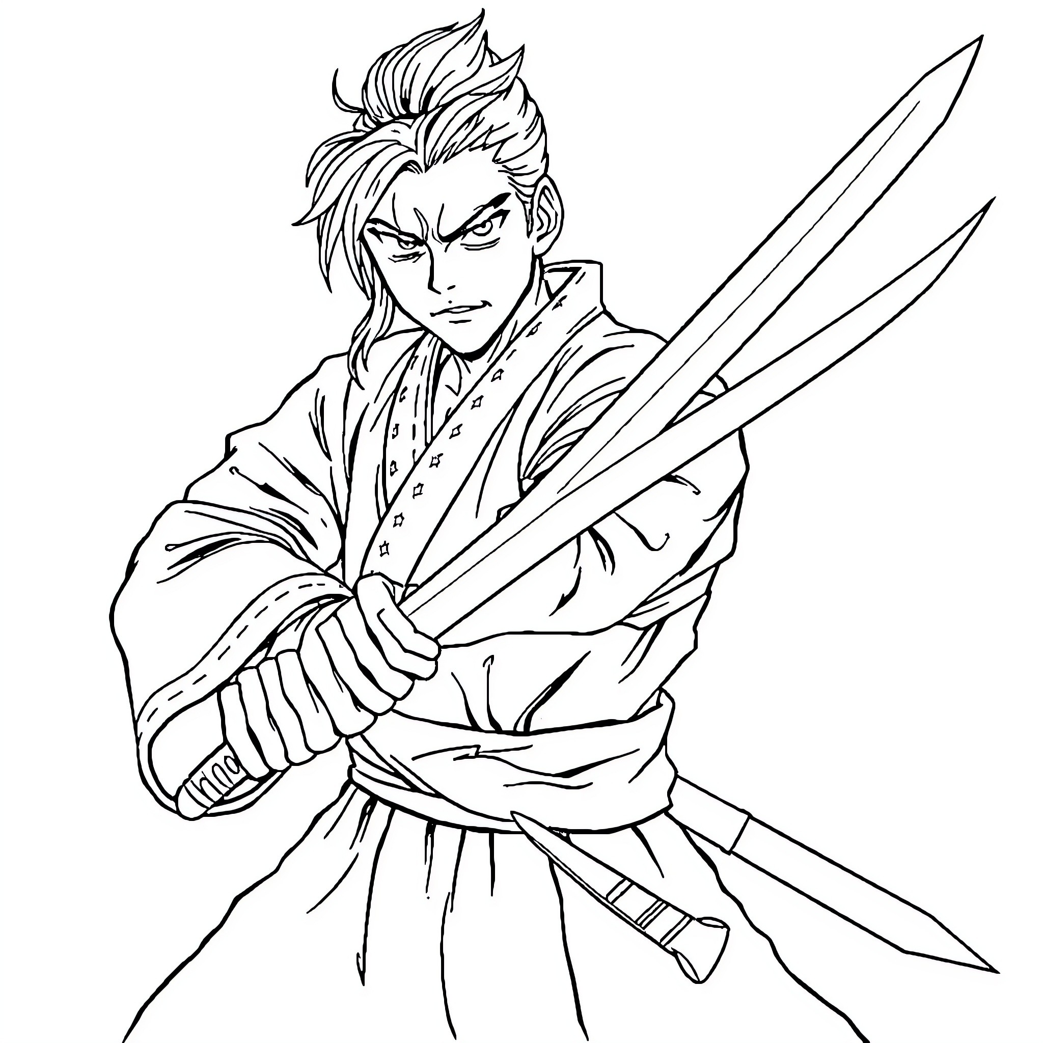 Zenitsu wielding swords in a fierce pose Coloring Page (free black-and-white line drawing printable PDF for all, from beginners to advanced learners, including children, teens, adults, and seniors)