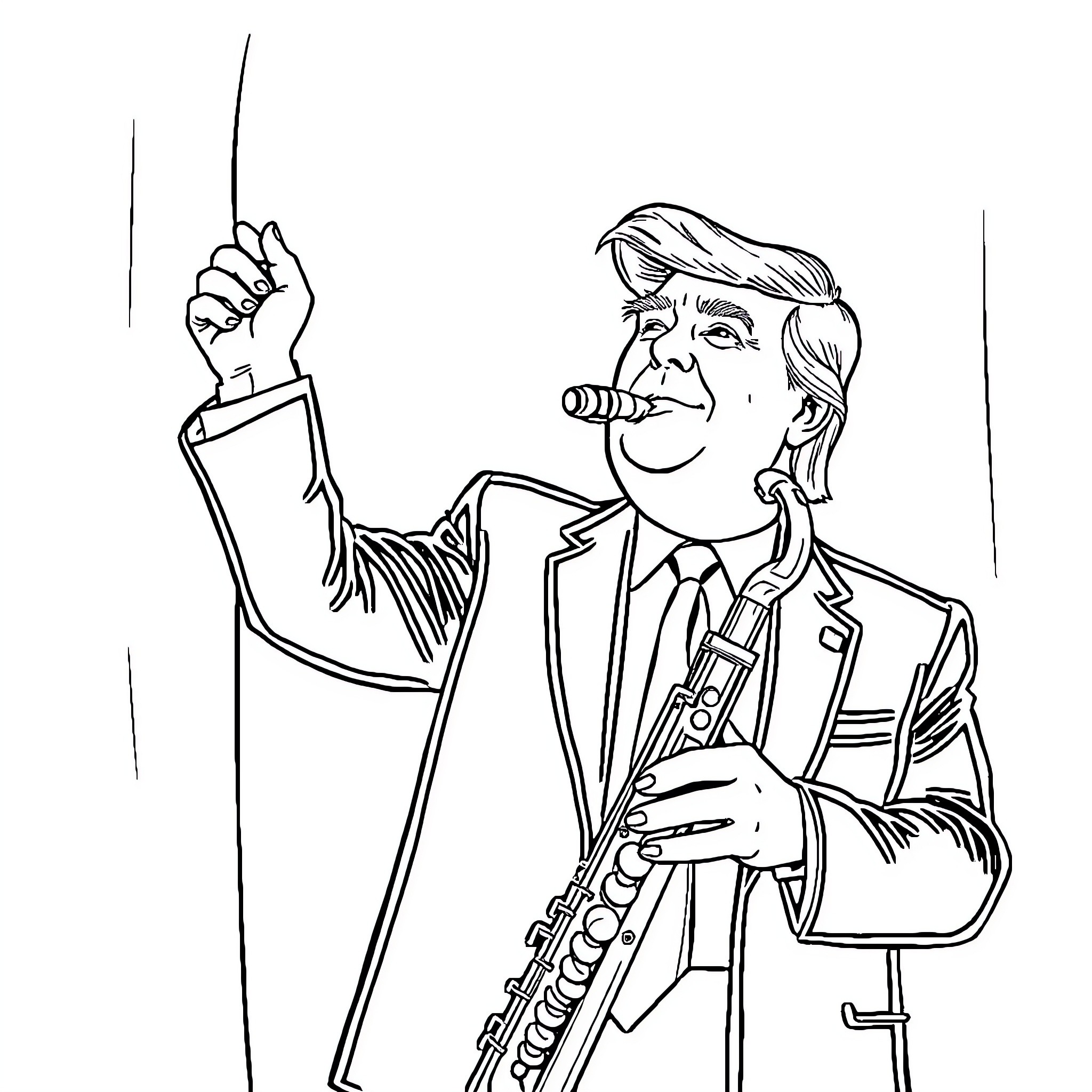 Donald Trump Giving Passionate Speech with Saxophone Coloring Page (free black-and-white line drawing printable PDF for all, from beginners to advanced learners, including children, teens, adults, and seniors)
