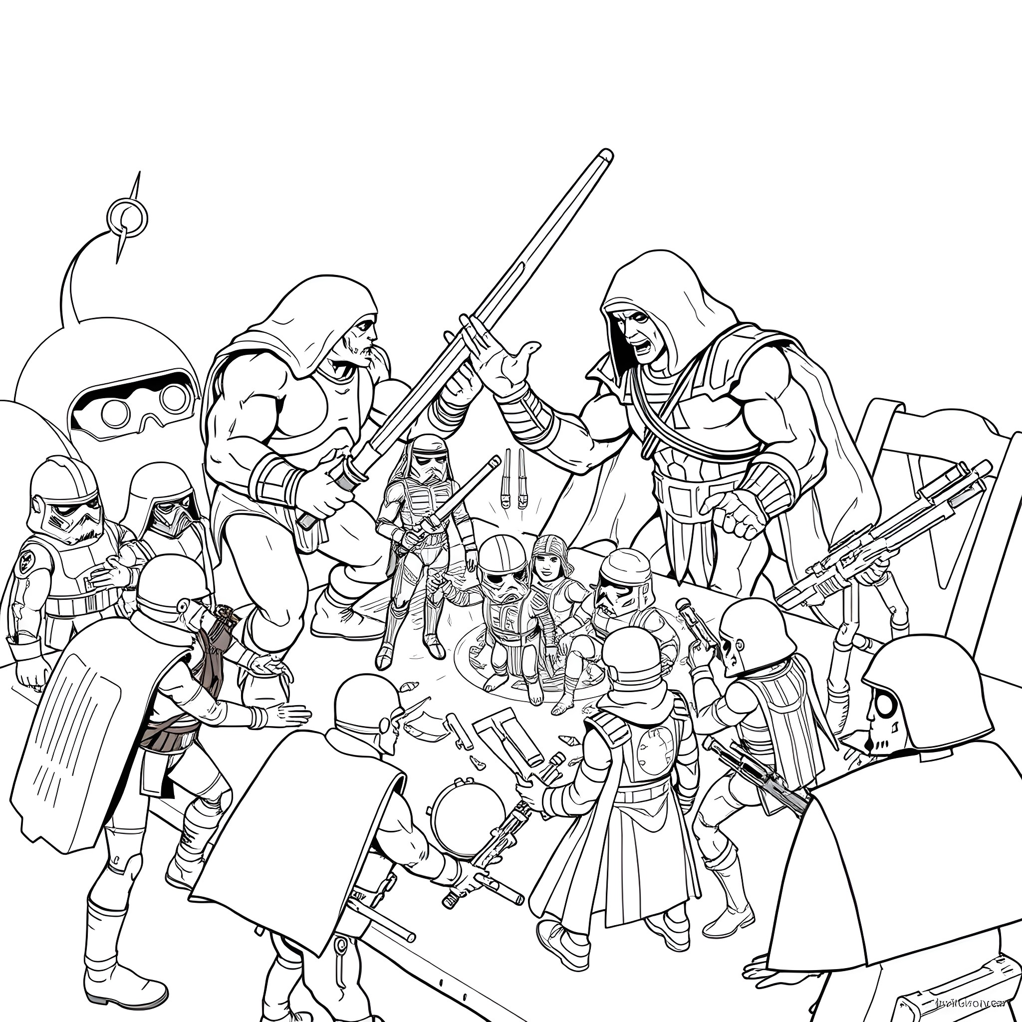 He-Man and His Allies Prepare for Battle Coloring Page (free black-and-white line drawing printable PDF for all, from beginners to advanced learners, including children, teens, adults, and seniors)