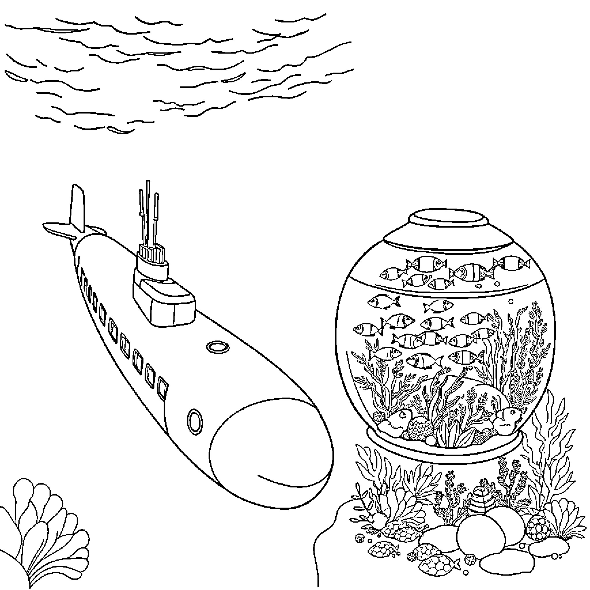 Submarine navigating underwater with fish aquarium Coloring Page (free black-and-white line drawing printable PDF for all, from beginners to advanced learners, including children, teens, adults, and seniors)