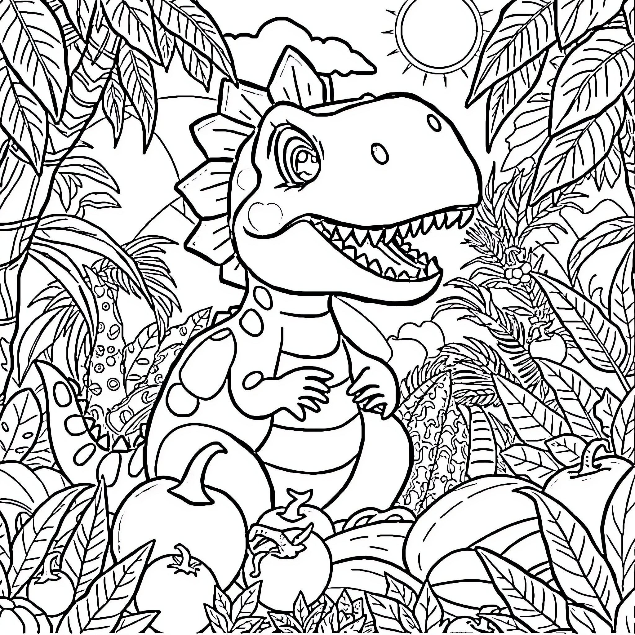 Dinosaur in the Jungle Scene Coloring Page (free black-and-white line drawing printable PDF for all, from beginners to advanced learners, including children, teens, adults, and seniors)