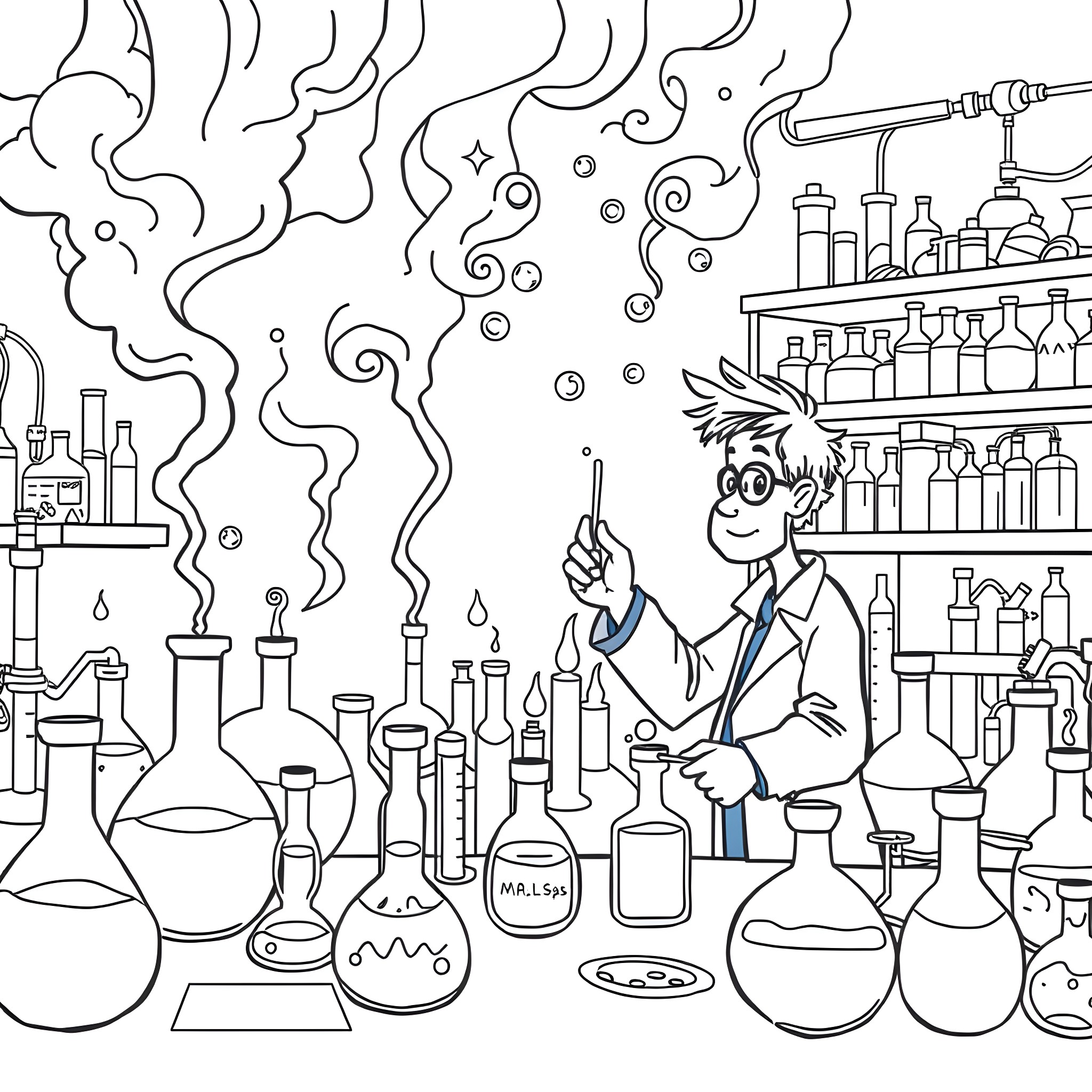 Chemistry Lab with Scientist Conducting Experiments Coloring Page (free black-and-white line drawing printable PDF for all, from beginners to advanced learners, including children, teens, adults, and seniors)