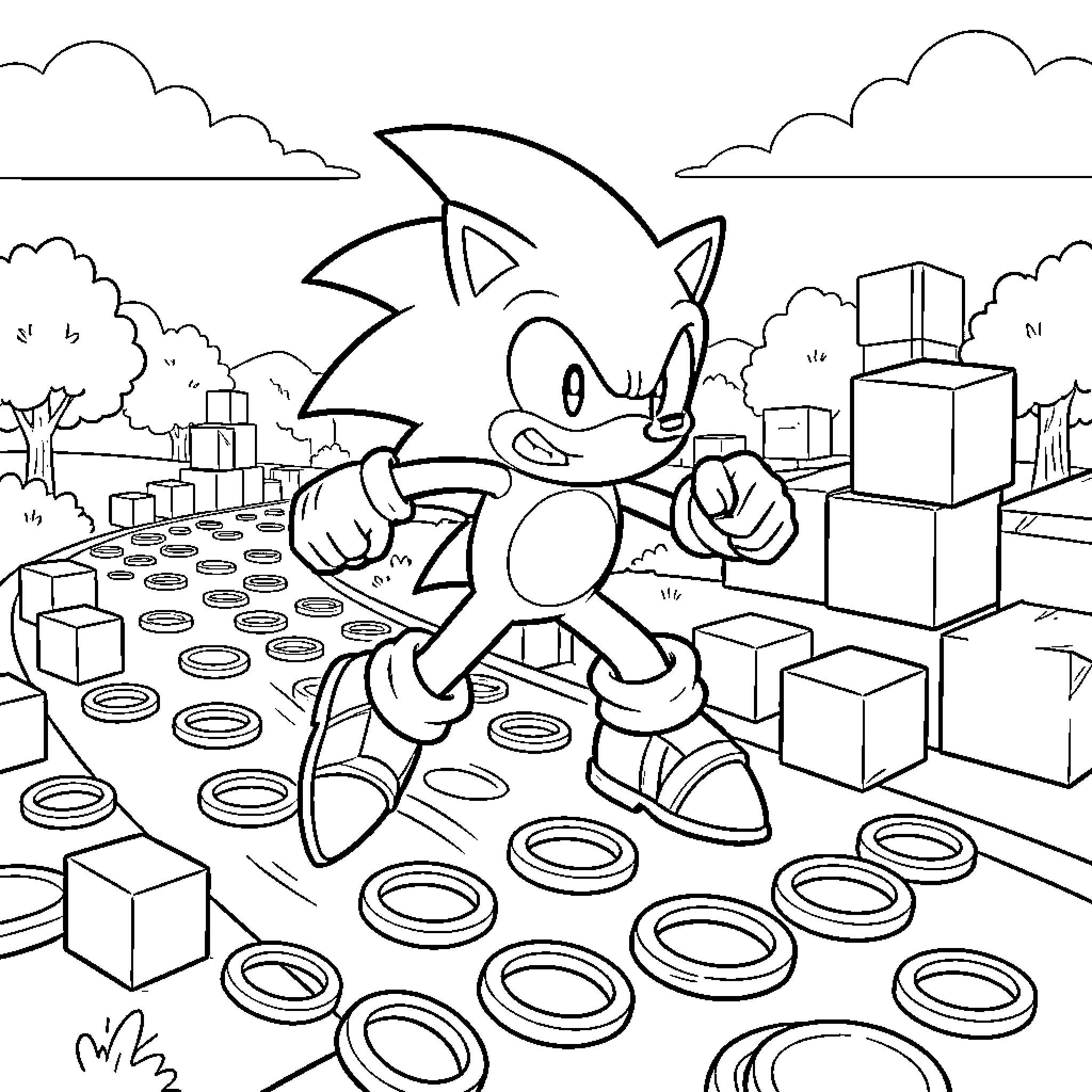 Sonic exploring a city landscape Coloring Page (free black-and-white line drawing printable PDF for all, from beginners to advanced learners, including children, teens, adults, and seniors)