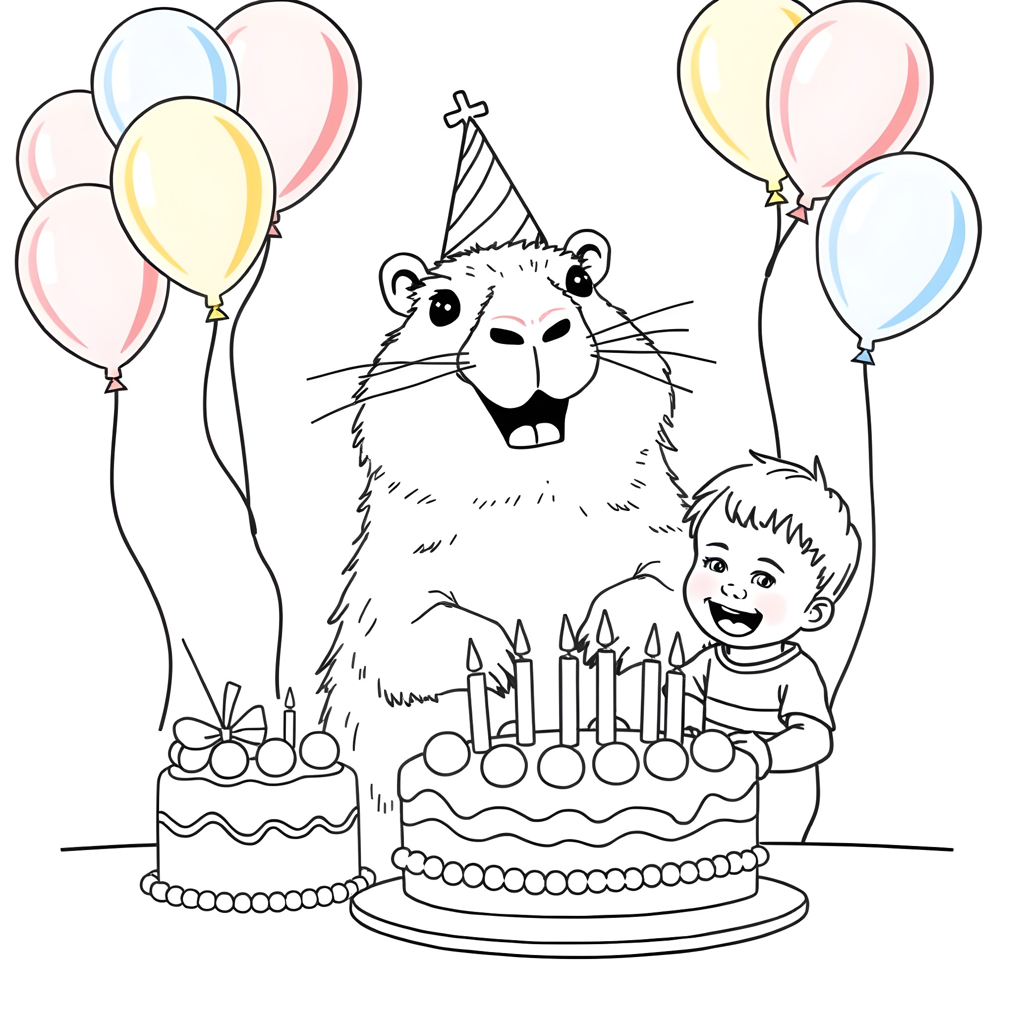 Capybara celebrating a child's birthday with balloons Coloring Page (free black-and-white line drawing printable PDF for all, from beginners to advanced learners, including children, teens, adults, and seniors)