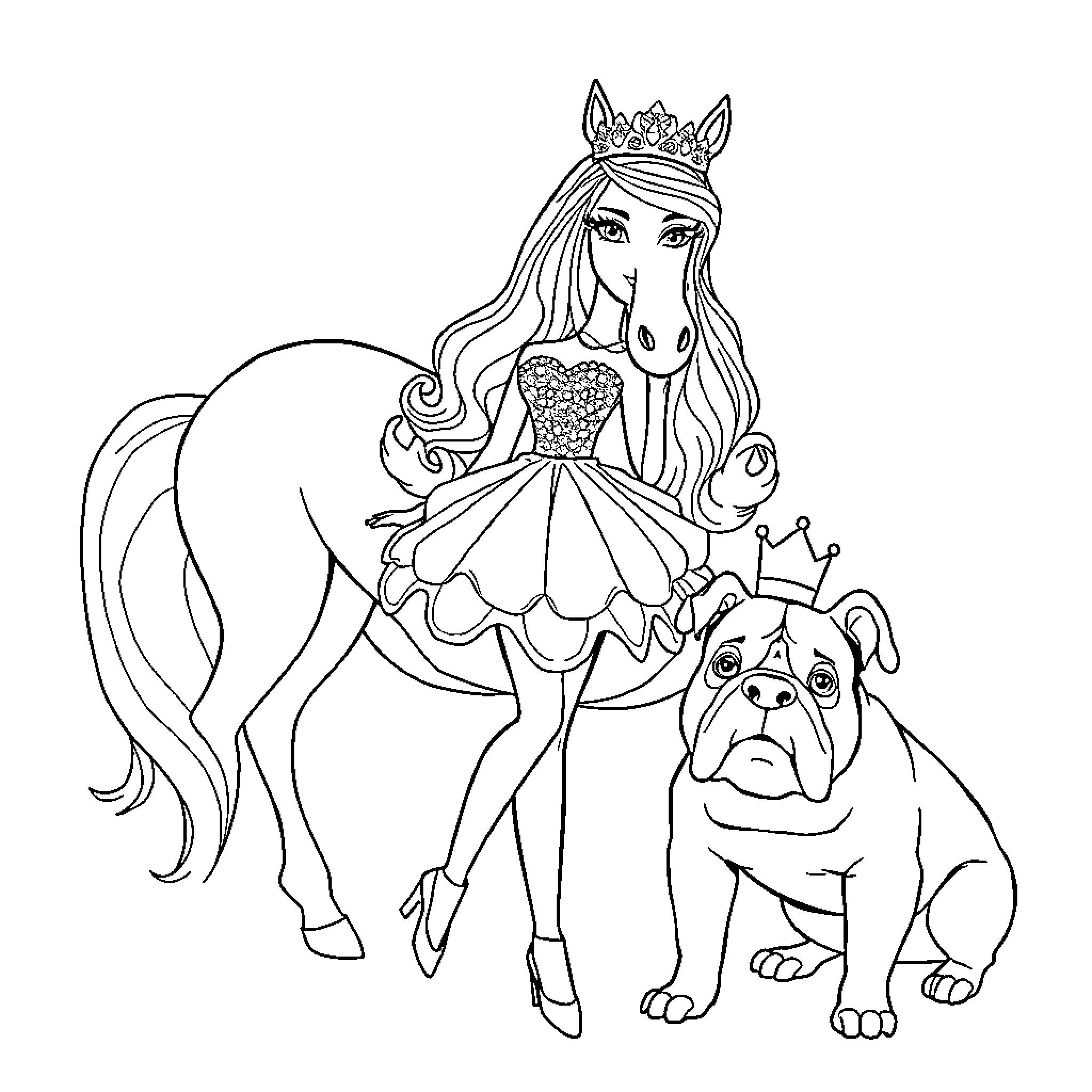 Barbie in a Regal Outfit with a Pet Dog Coloring Page (free black-and-white line drawing printable PDF for all, from beginners to advanced learners, including children, teens, adults, and seniors)
