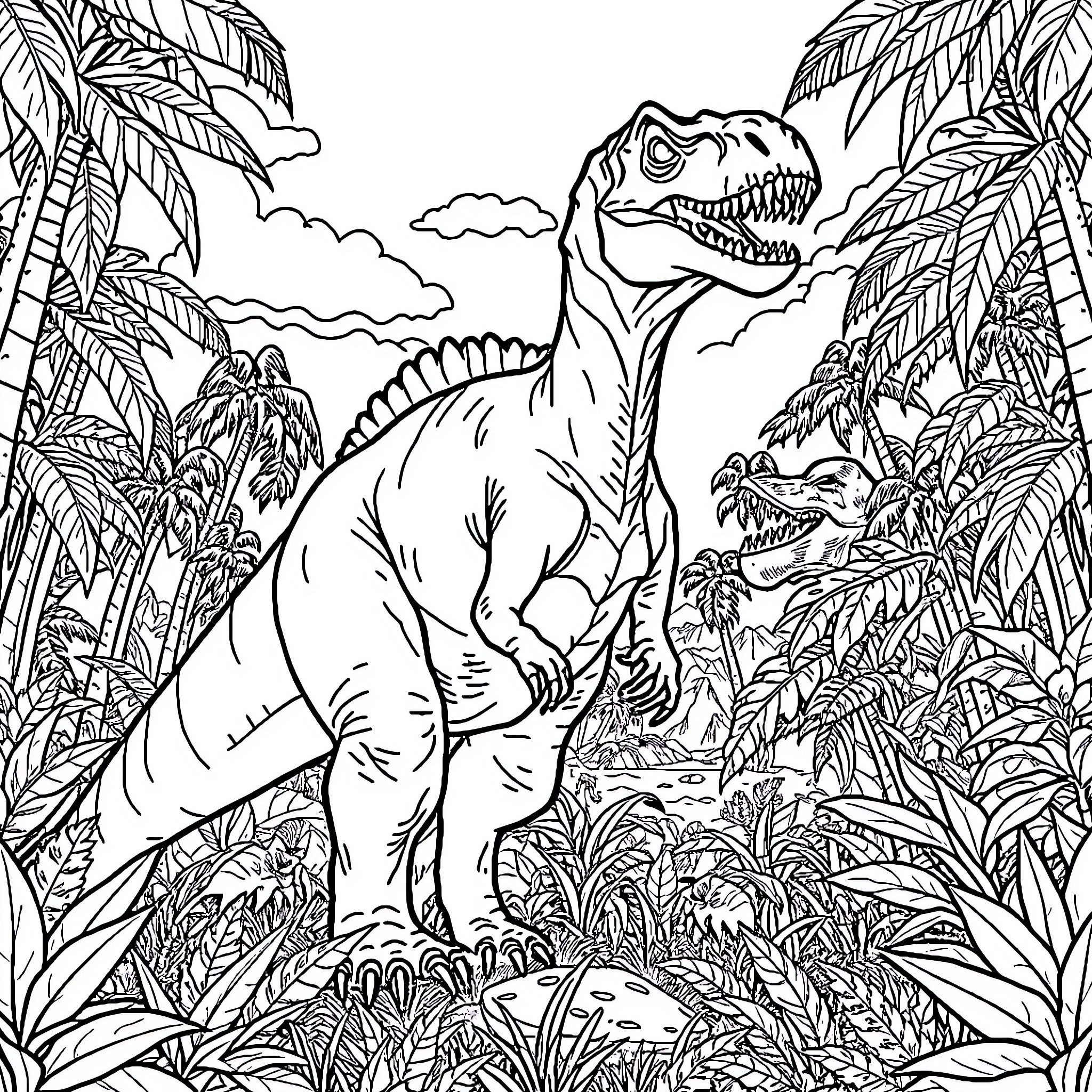 Dinosaur exploring the lush tropical jungle Coloring Page (free black-and-white line drawing printable PDF for all, from beginners to advanced learners, including children, teens, adults, and seniors)