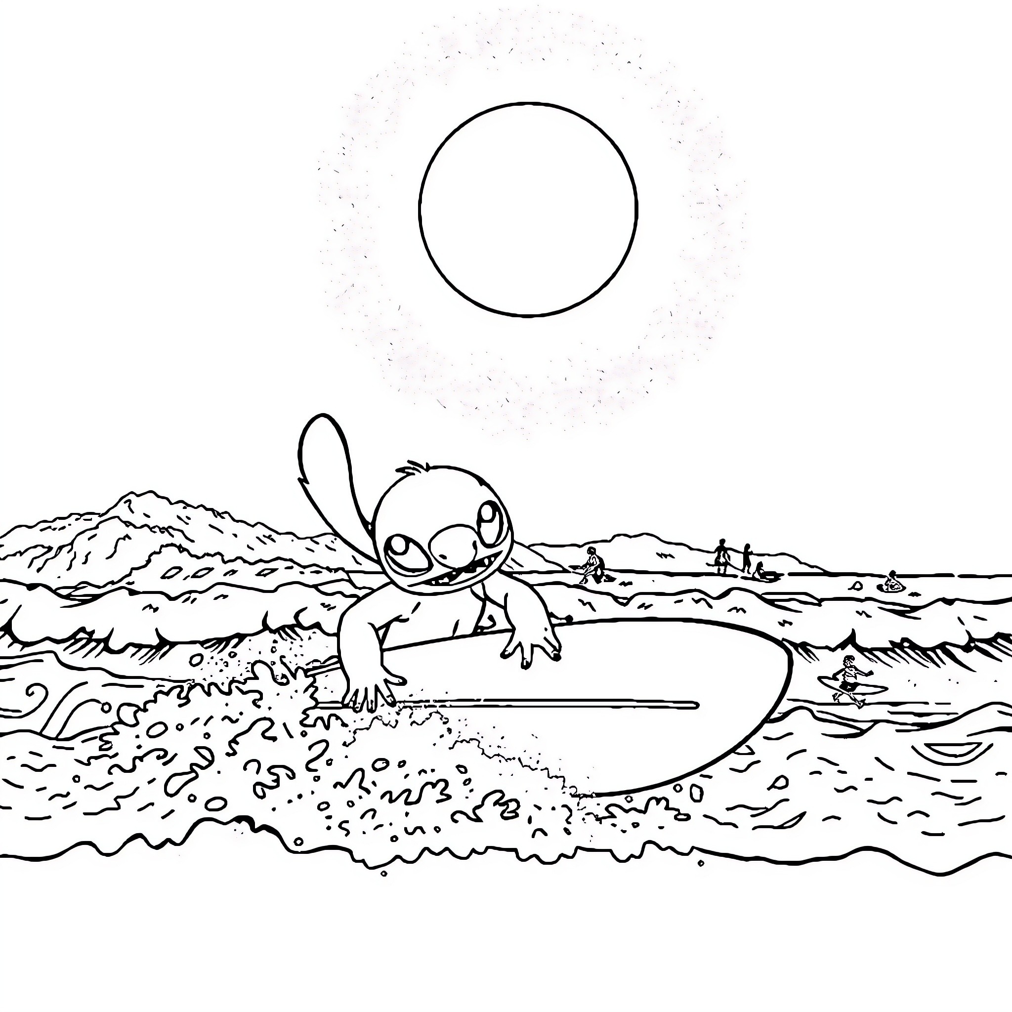Stitch playing in the waves by the shore Coloring Page (free black-and-white line drawing printable PDF for all, from beginners to advanced learners, including children, teens, adults, and seniors)