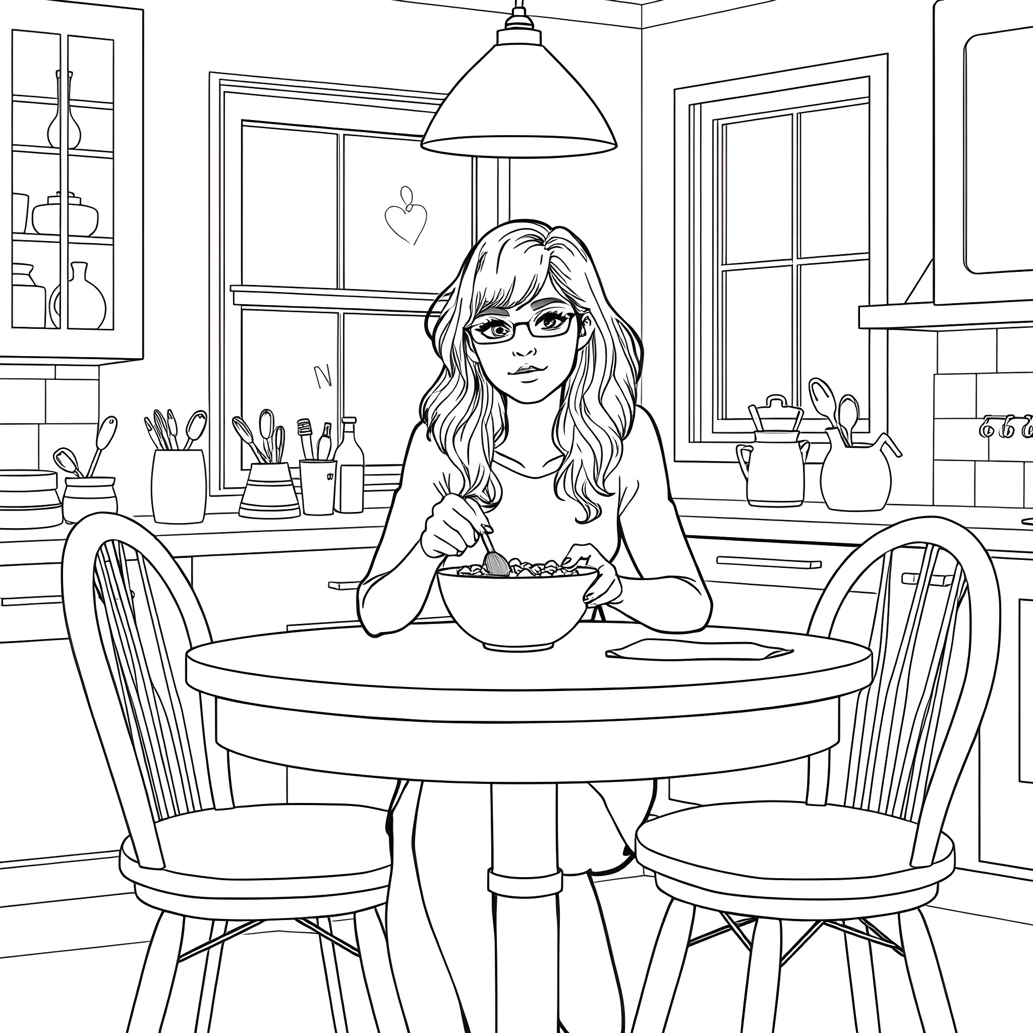 Nina Hartley enjoying a meal in a cozy kitchen Coloring Page (free black-and-white line drawing printable PDF for all, from beginners to advanced learners, including children, teens, adults, and seniors)