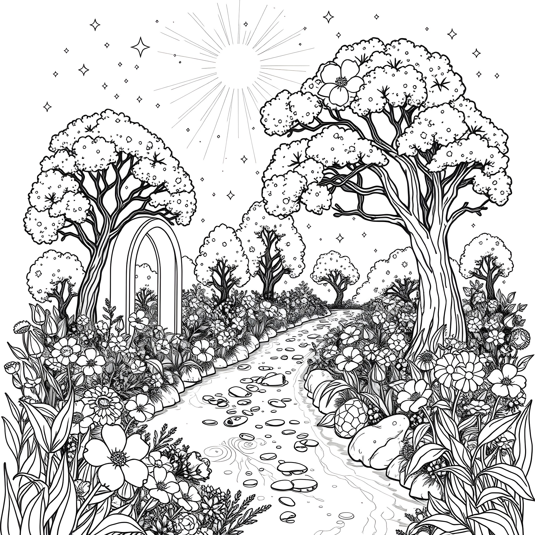 Garden path through a whimsical landscape Coloring Page (free black-and-white line drawing printable PDF for all, from beginners to advanced learners, including children, teens, adults, and seniors)