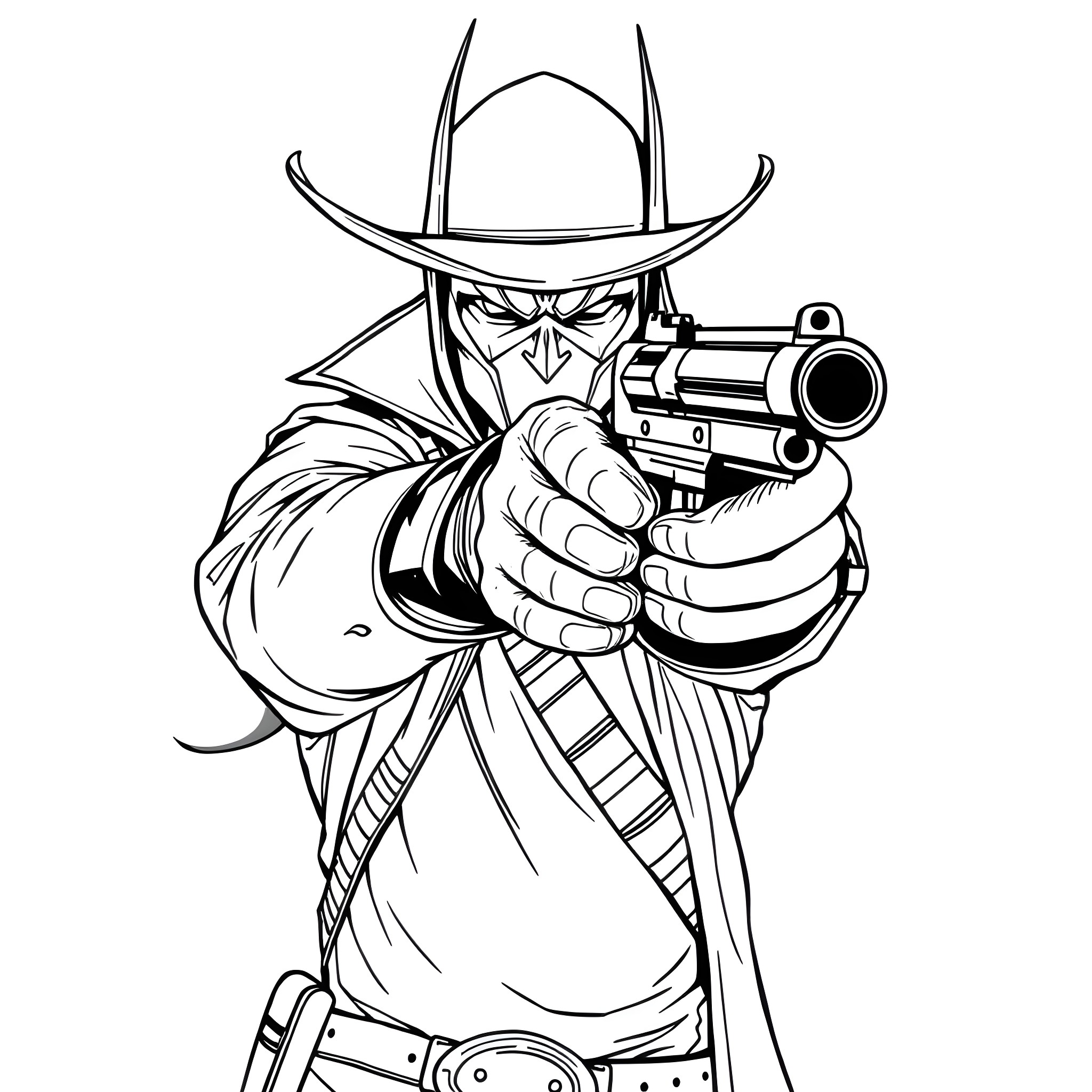 Gunslinger Spawn in Action with Weapon Coloring Page (free black-and-white line drawing printable PDF for all, from beginners to advanced learners, including children, teens, adults, and seniors)