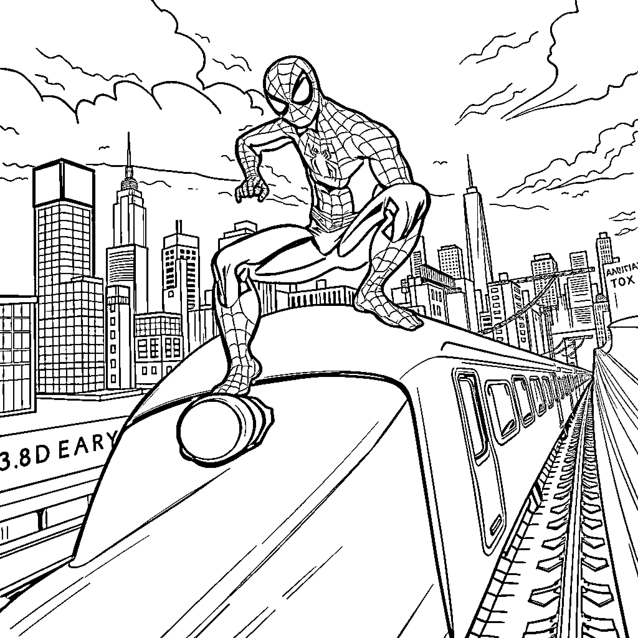 Spider-Man swinging through the city skyline Coloring Page (free black-and-white line drawing printable PDF for all, from beginners to advanced learners, including children, teens, adults, and seniors)