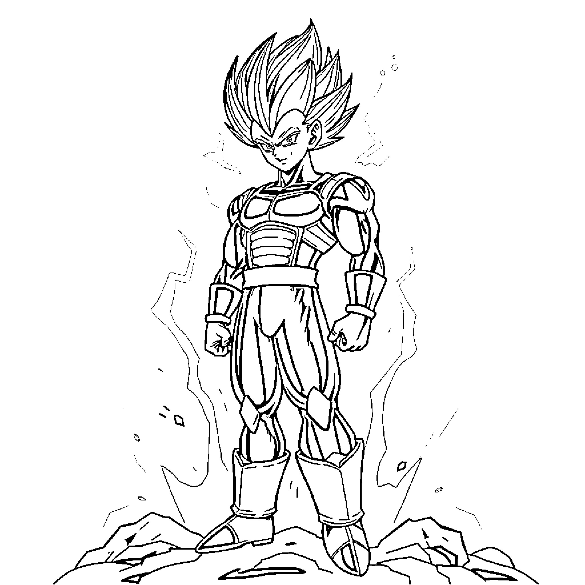 Vegeta displaying fierce warrior pose and energy Coloring Page (free black-and-white line drawing printable PDF for all, from beginners to advanced learners, including children, teens, adults, and seniors)