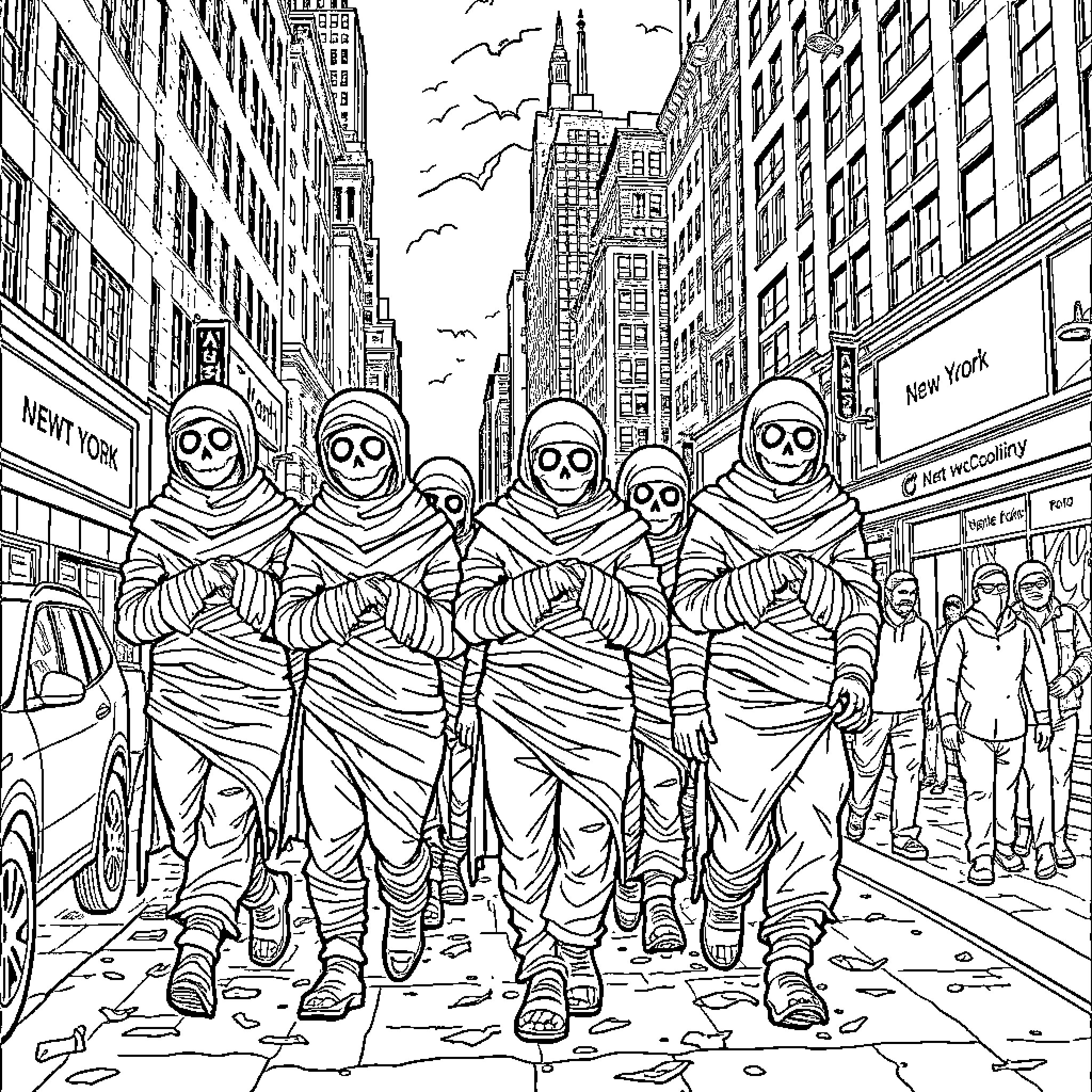 Mummy Parade on the Streets of New York Coloring Page (free black-and-white line drawing printable PDF for all, from beginners to advanced learners, including children, teens, adults, and seniors)