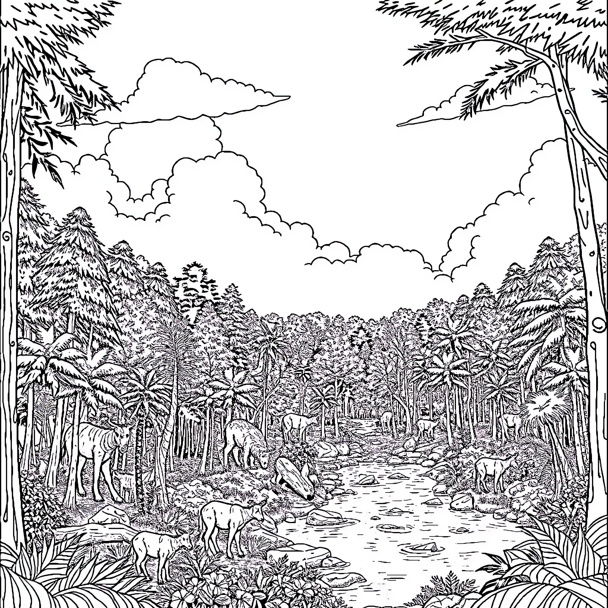 Animal tranquil forest with running stream Coloring Page (free black-and-white line drawing printable PDF for all, from beginners to advanced learners, including children, teens, adults, and seniors)