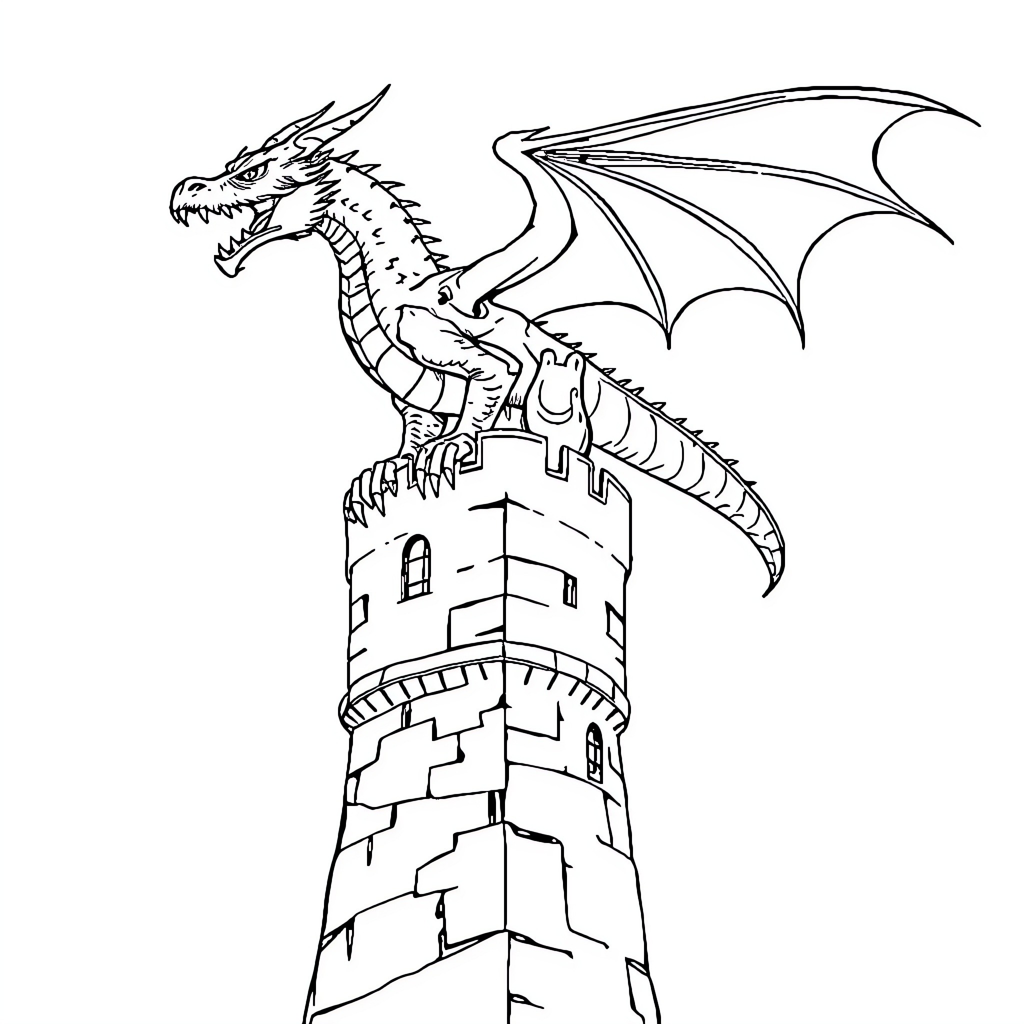 Dragon perched atop castle tower Coloring Page (free black-and-white line drawing printable PDF for all, from beginners to advanced learners, including children, teens, adults, and seniors)