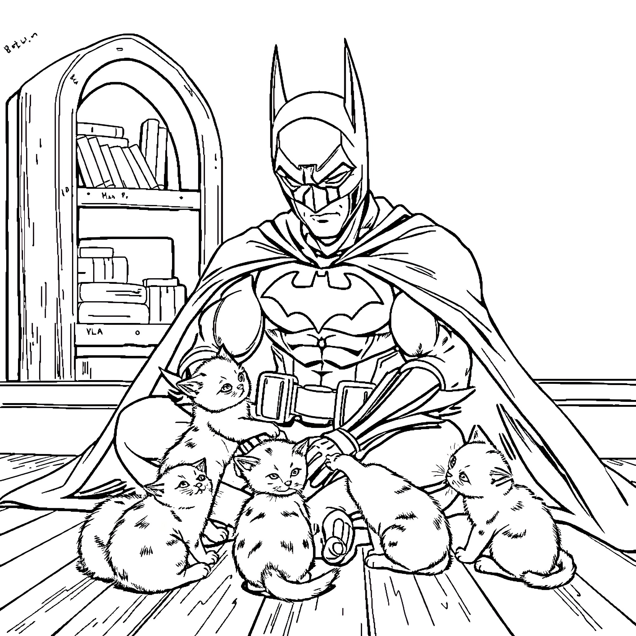 Batman surrounded by curious kittens in a bookshelf scene Coloring Page (free black-and-white line drawing printable PDF for all, from beginners to advanced learners, including children, teens, adults, and seniors)