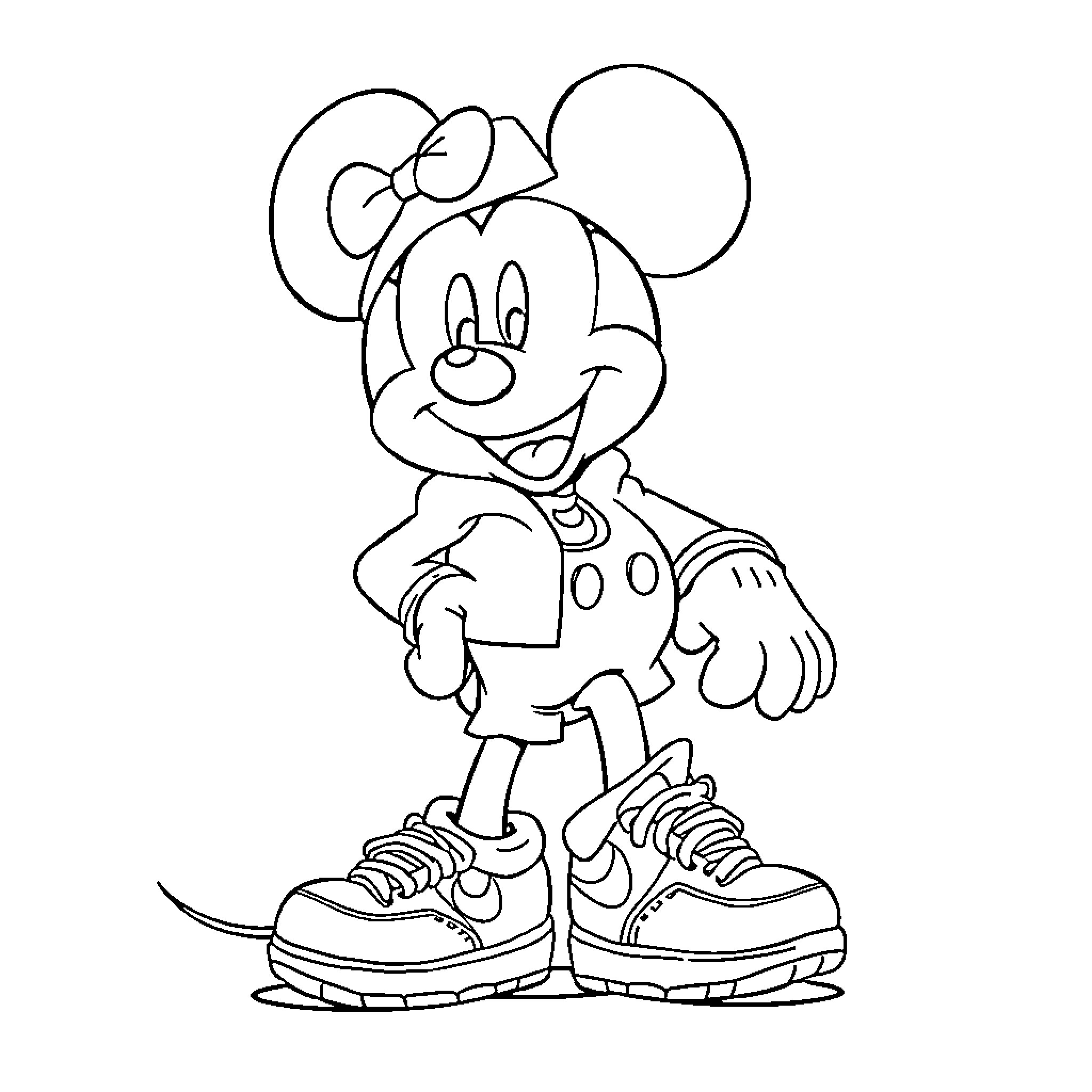 Mickey Mouse in playful stance Coloring Page (free black-and-white line drawing printable PDF for all, from beginners to advanced learners, including children, teens, adults, and seniors)
