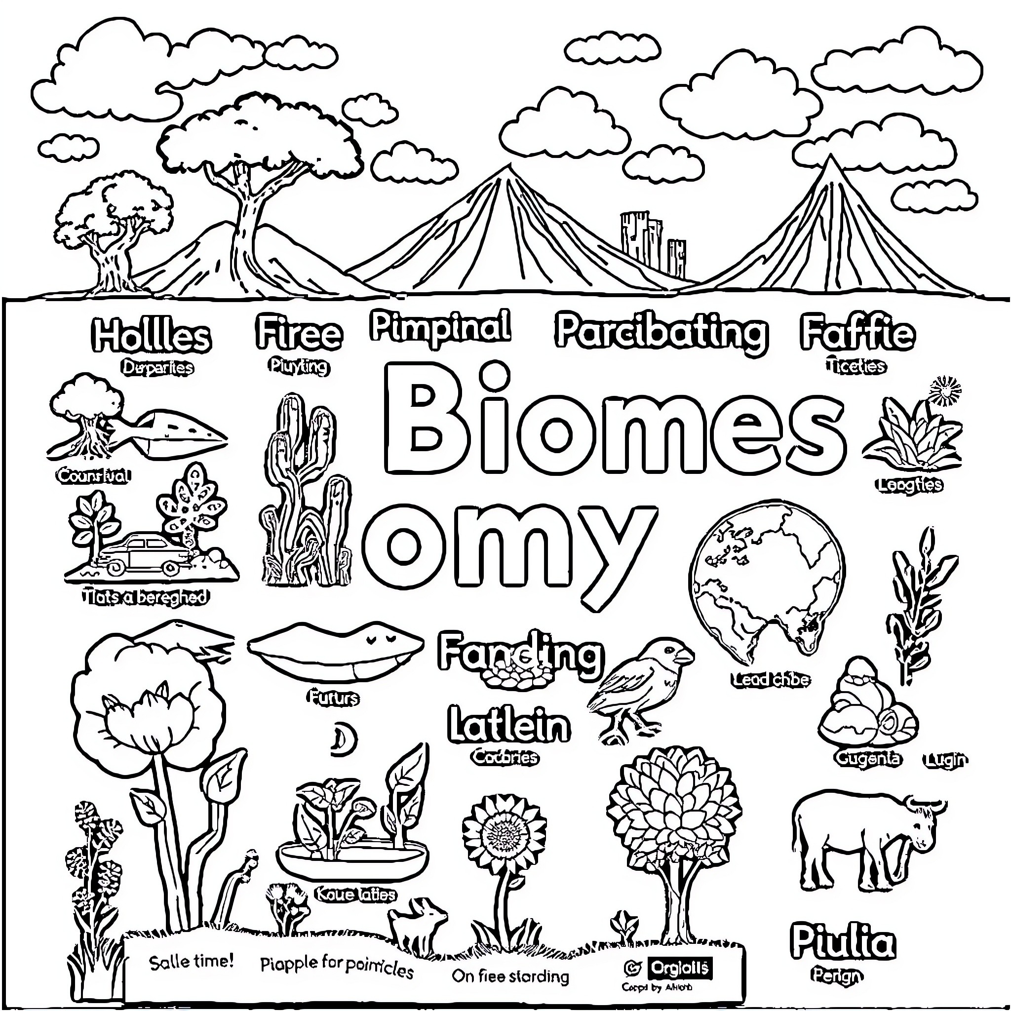 Biomes Imagery Depicting Nature's Diverse Ecosystems Coloring Page (free black-and-white line drawing printable PDF for all, from beginners to advanced learners, including children, teens, adults, and seniors)