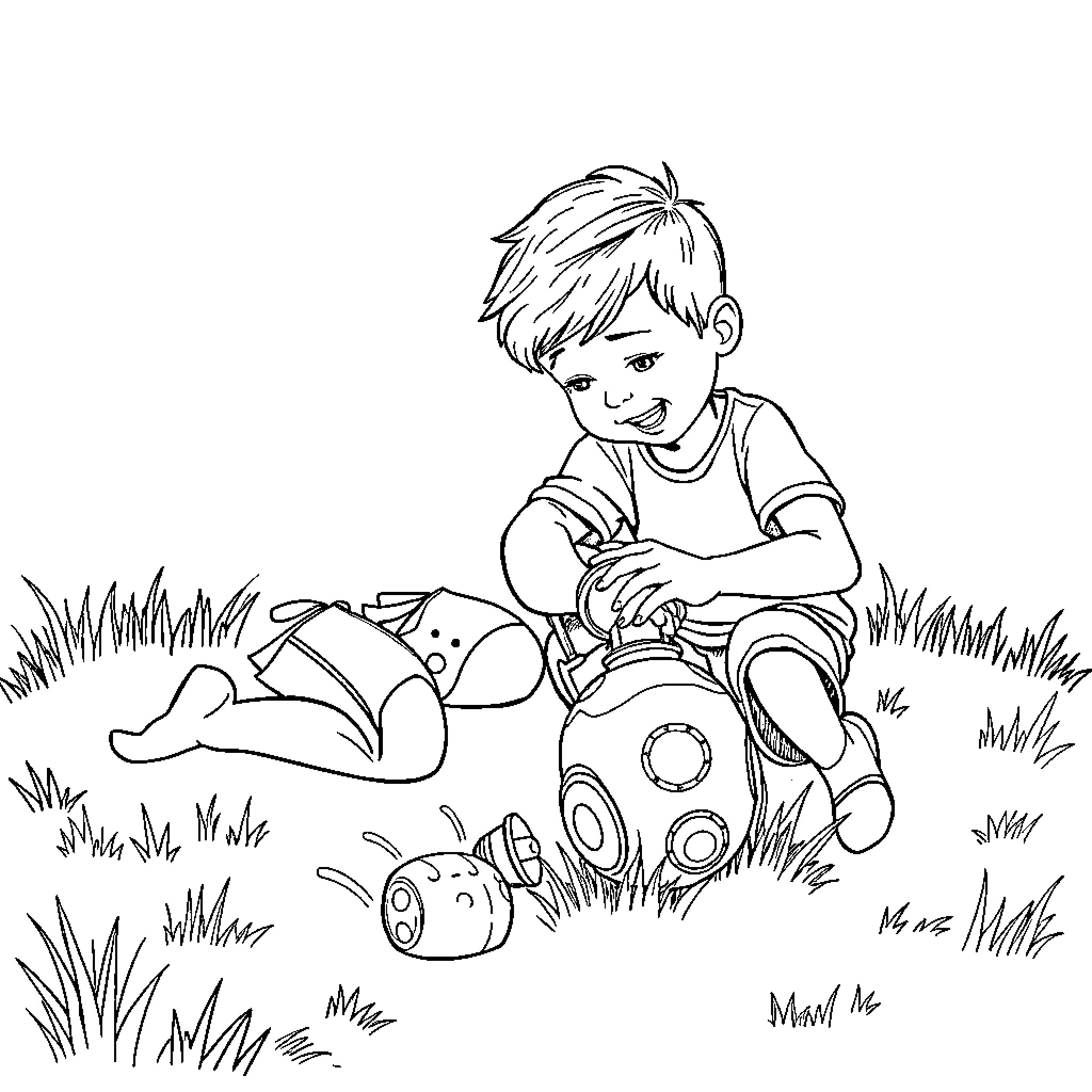Boy playing with toy robot in the grass Coloring Page (free black-and-white line drawing printable PDF for all, from beginners to advanced learners, including children, teens, adults, and seniors)