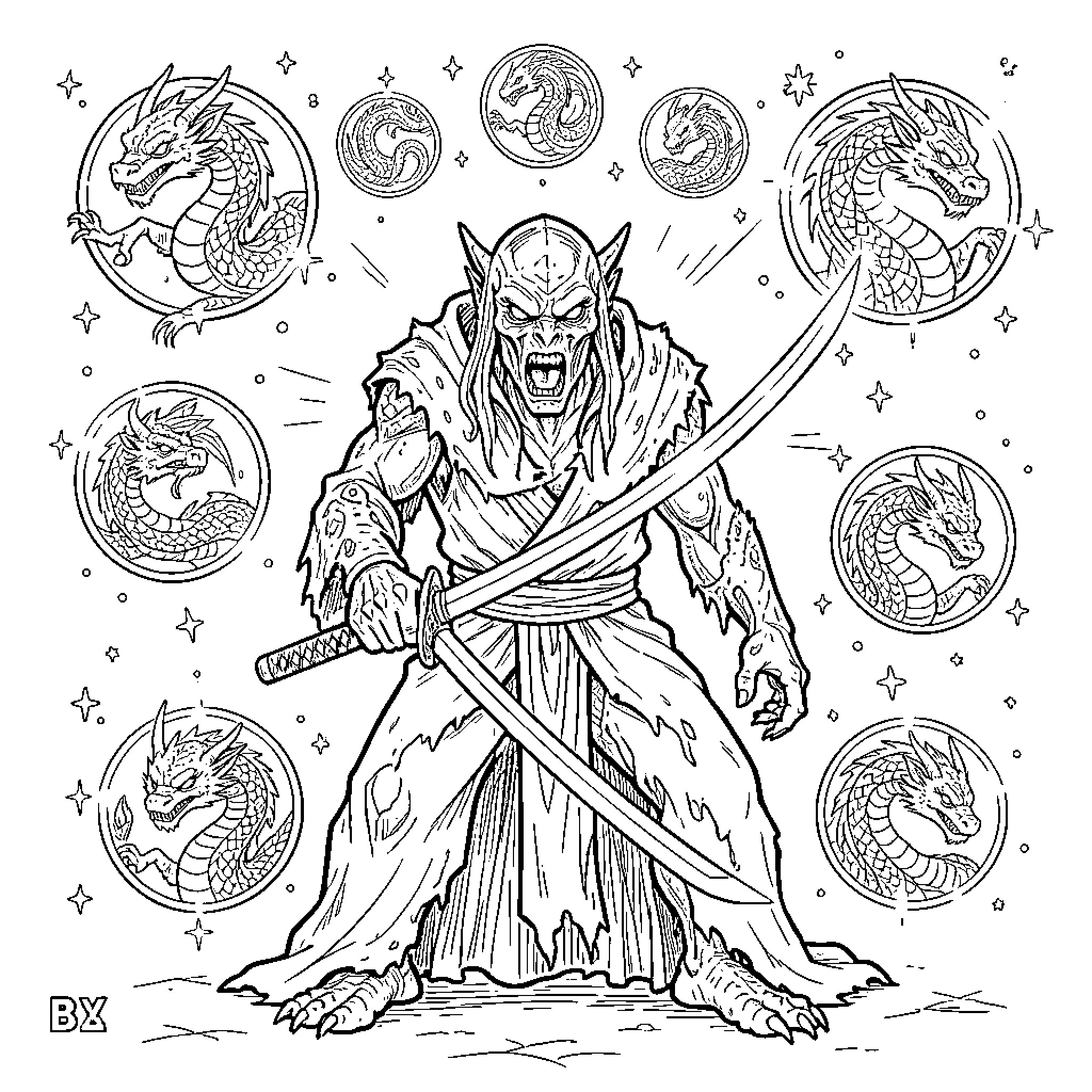 Demogorgon, the Terrifying Demon Lord Surrounded by Ethereal Dragons Coloring Page (free black-and-white line drawing printable PDF for all, from beginners to advanced learners, including children, teens, adults, and seniors)