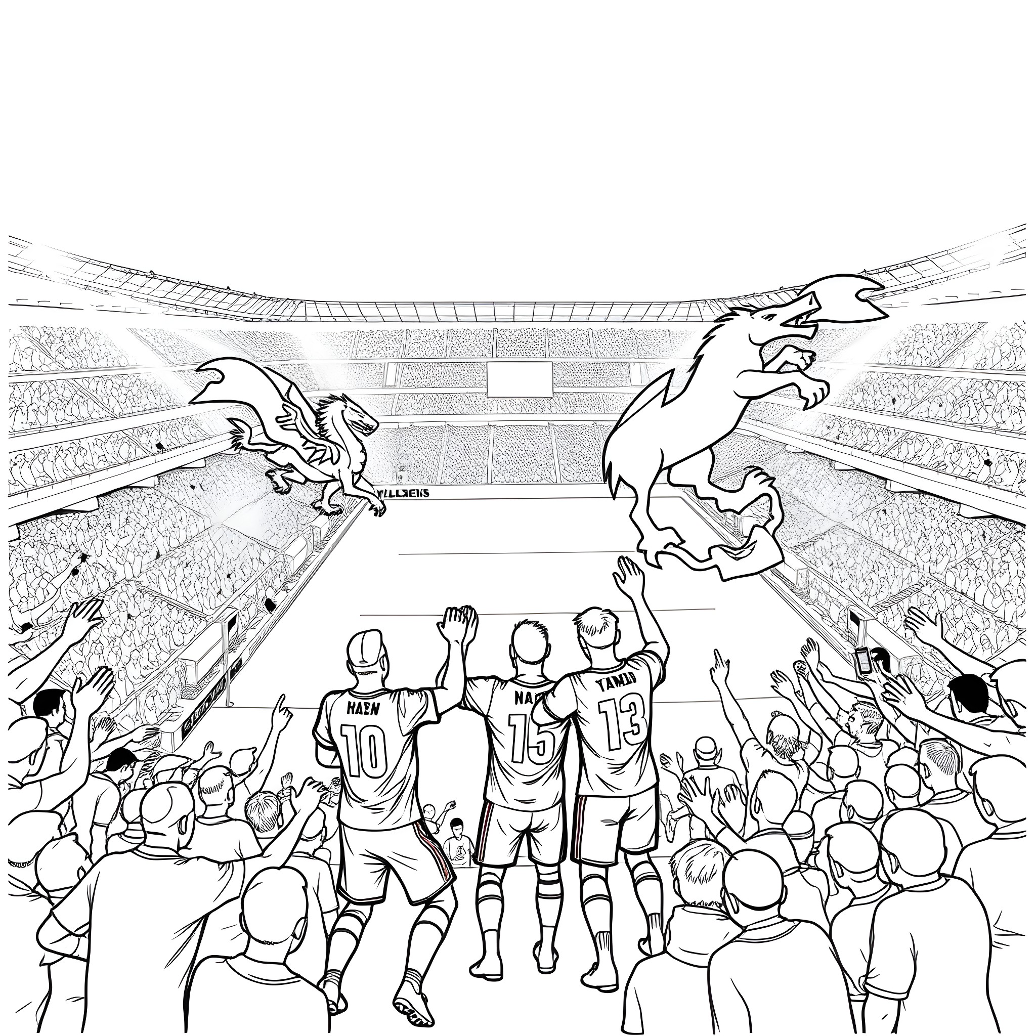 Wales athletes competing in stadium with enthusiastic crowd Coloring Page (free black-and-white line drawing printable PDF for all, from beginners to advanced learners, including children, teens, adults, and seniors)