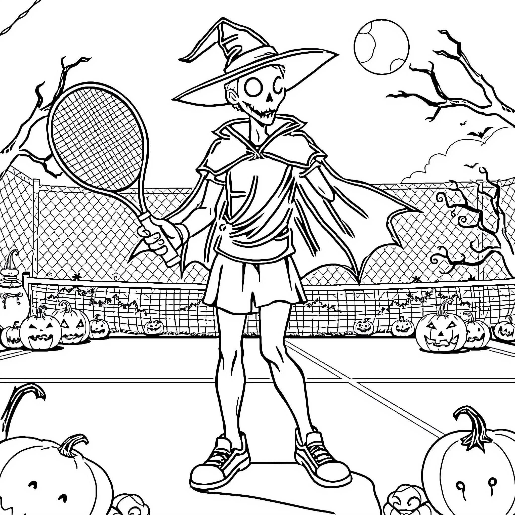 Tennis Player in Spooky Halloween Costume on Court Coloring Page (free black-and-white line drawing printable PDF for all, from beginners to advanced learners, including children, teens, adults, and seniors)