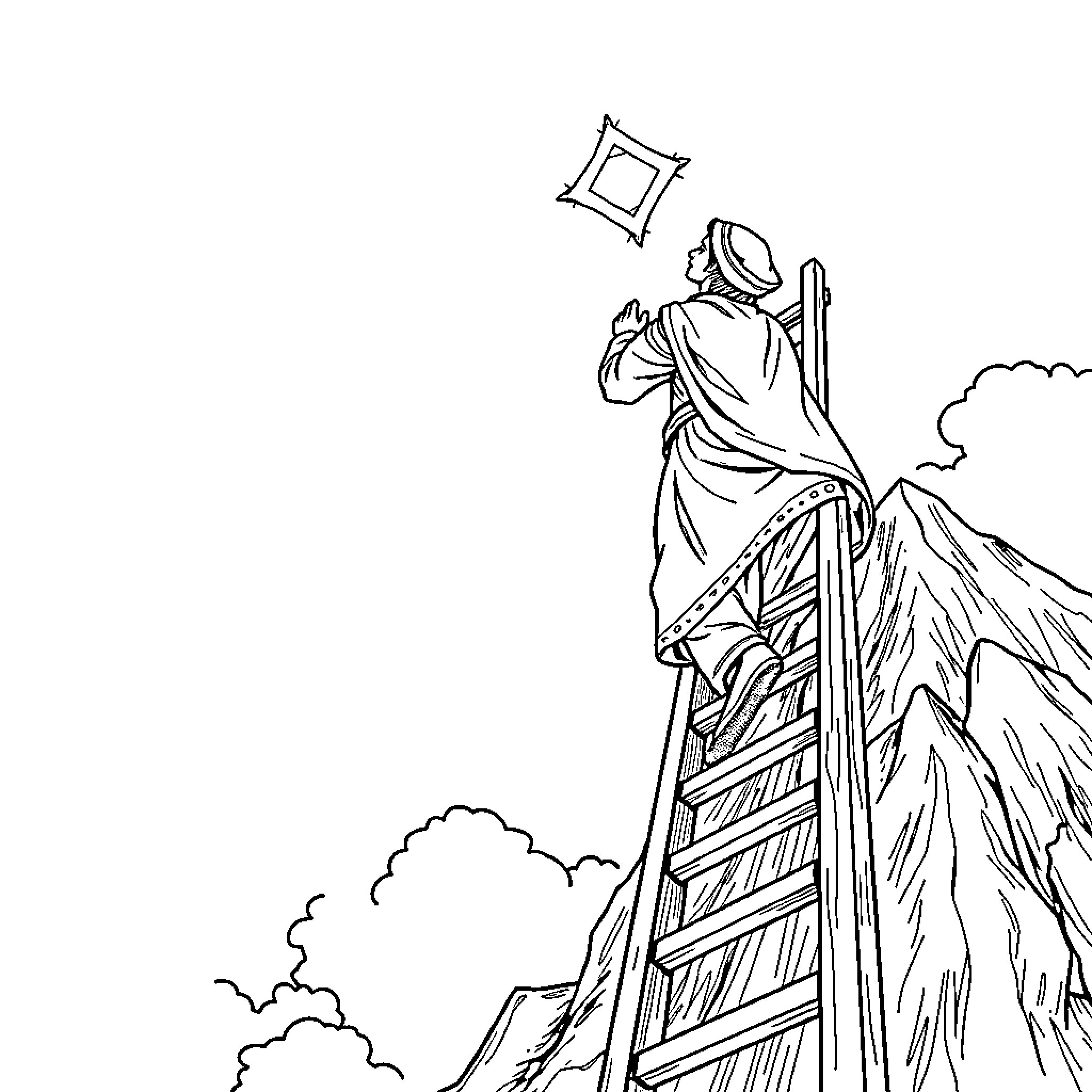 Jewish man climbing ladder reaching for heavenly light Coloring Page (free black-and-white line drawing printable PDF for all, from beginners to advanced learners, including children, teens, adults, and seniors)