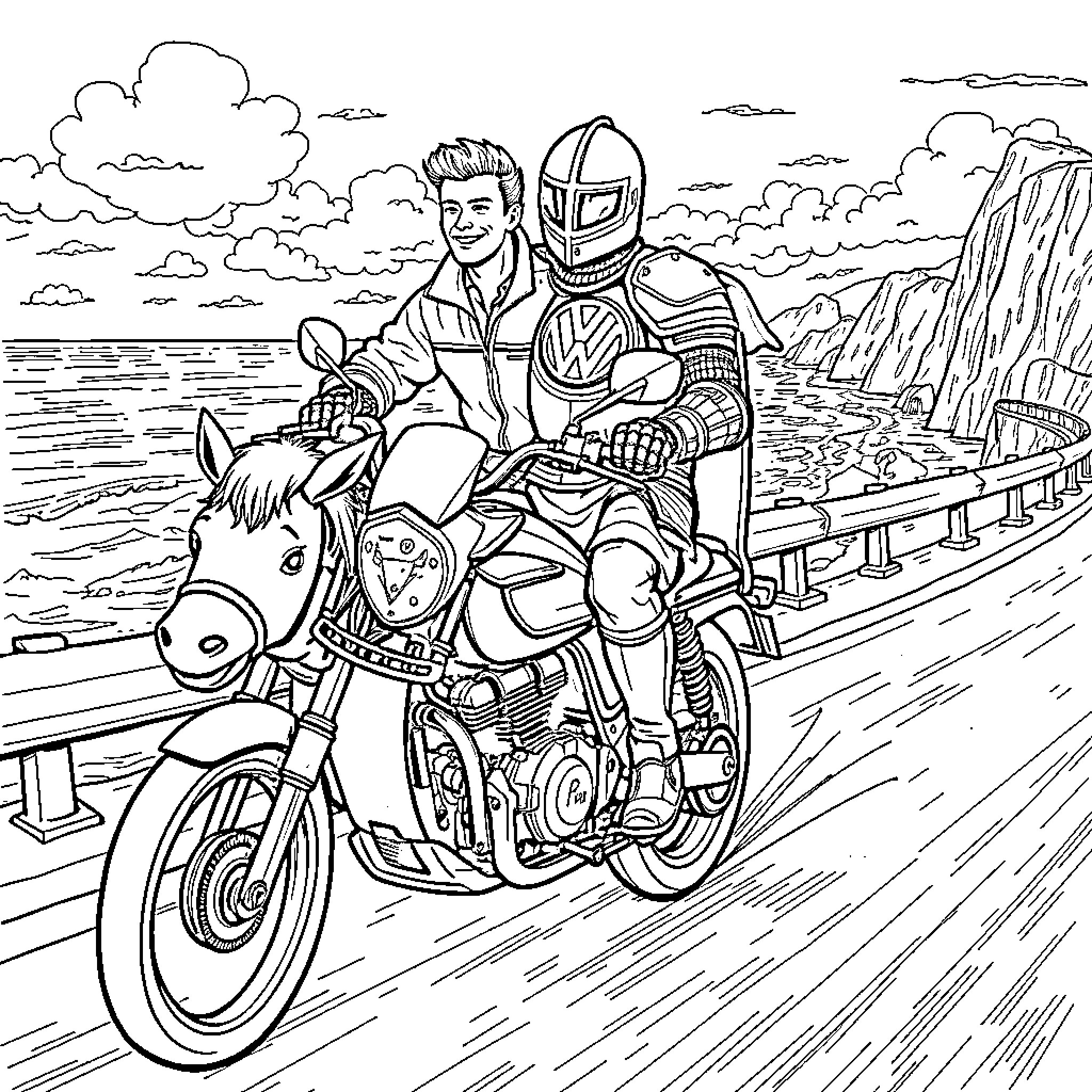 Technician riding motorcycle on winding road Coloring Page (free black-and-white line drawing printable PDF for all, from beginners to advanced learners, including children, teens, adults, and seniors)