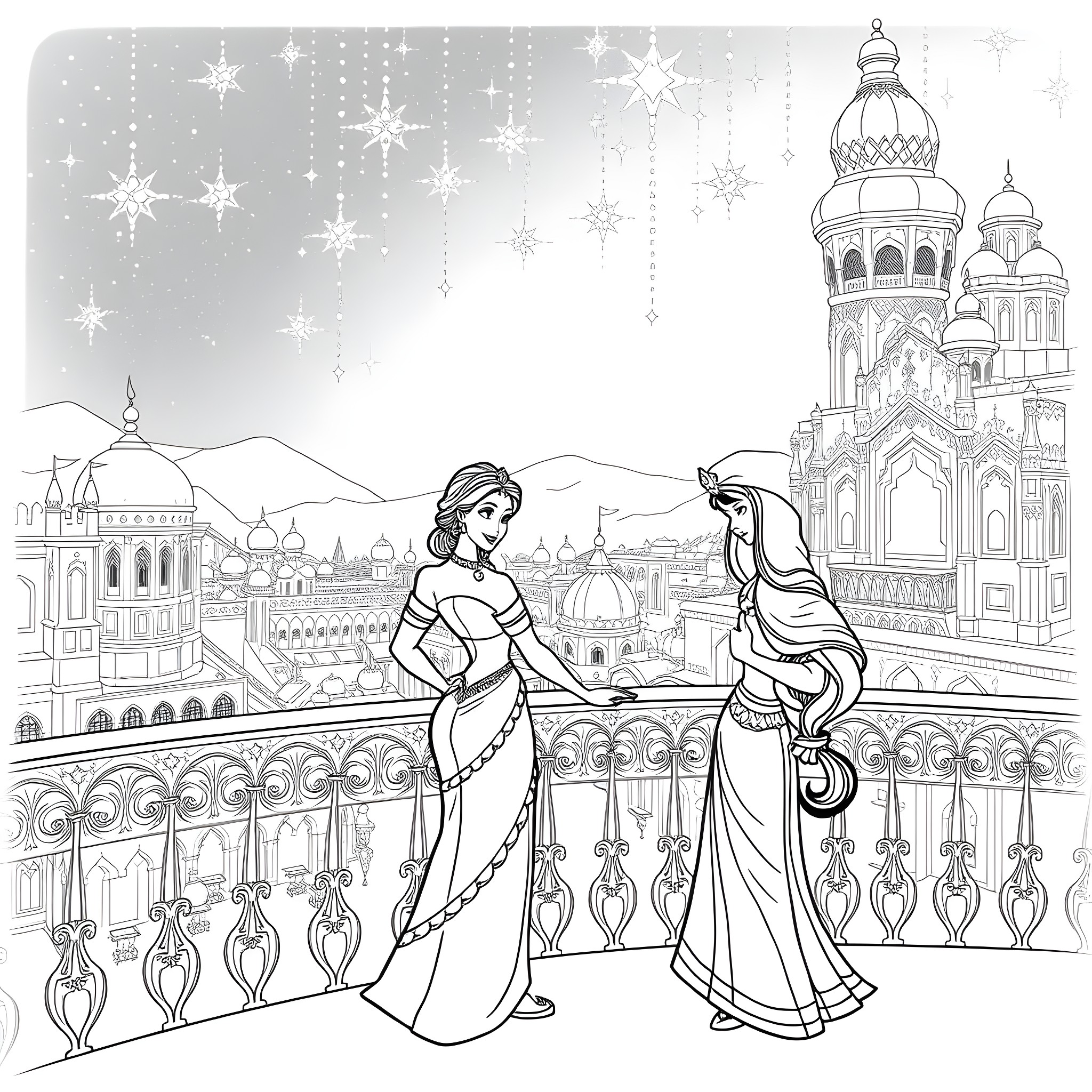 Jasmine's Winter Stroll in the Enchanting City Coloring Page (free black-and-white line drawing printable PDF for all, from beginners to advanced learners, including children, teens, adults, and seniors)