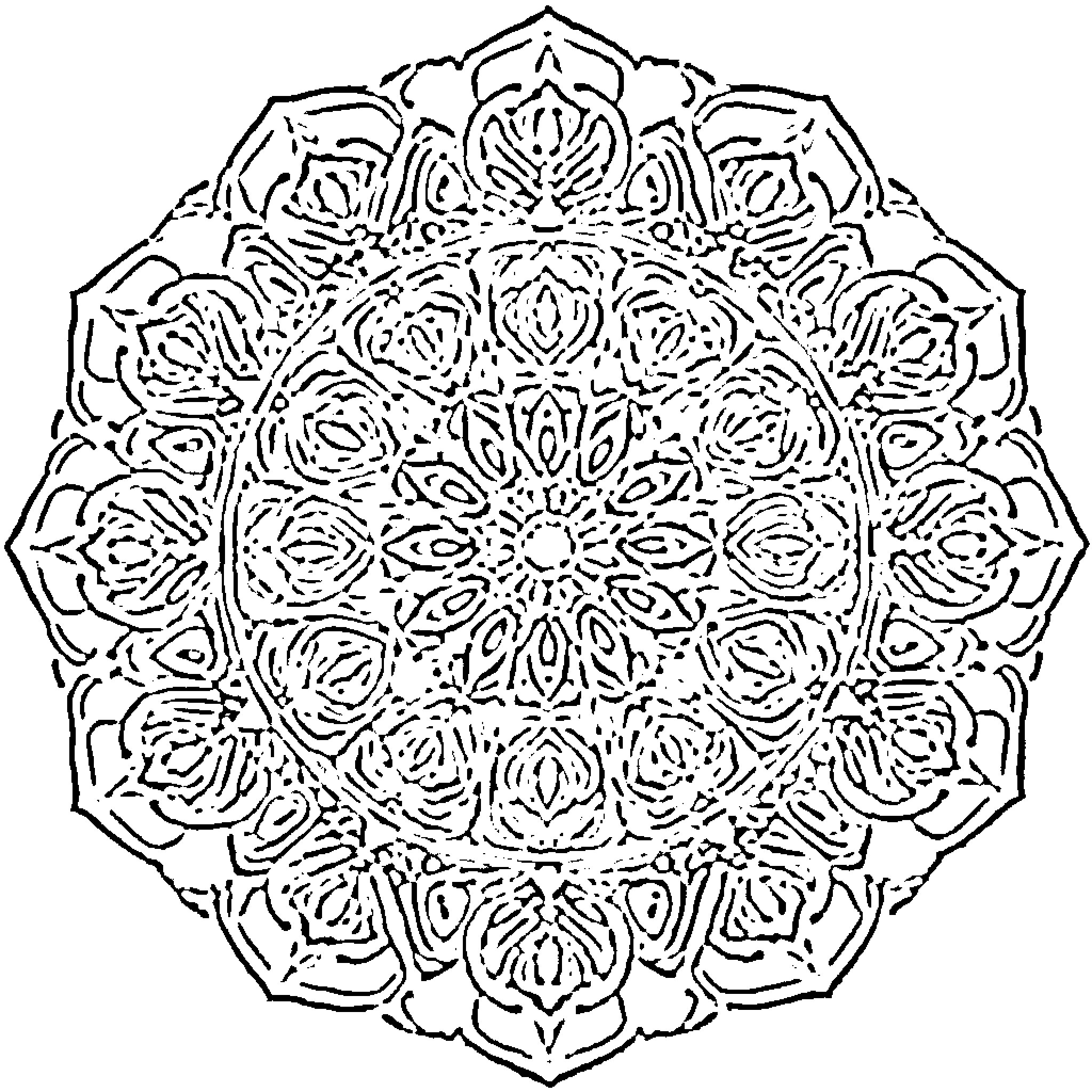 Mandala pattern of intricate floral designs Coloring Page (free black-and-white line drawing printable PDF for all, from beginners to advanced learners, including children, teens, adults, and seniors)