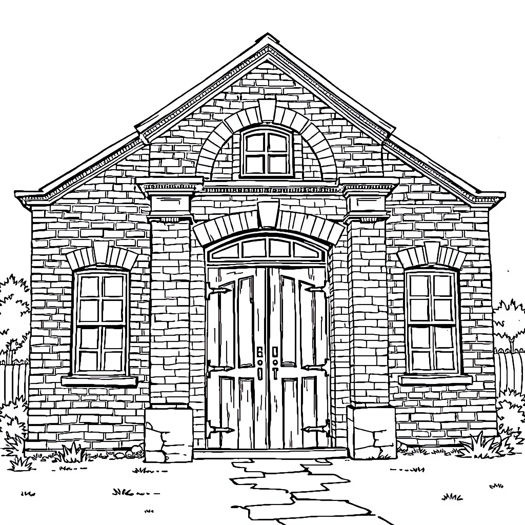 Old School Brick House with Arched Entrance Coloring Page (free black-and-white line drawing printable PDF for all, from beginners to advanced learners, including children, teens, adults, and seniors)