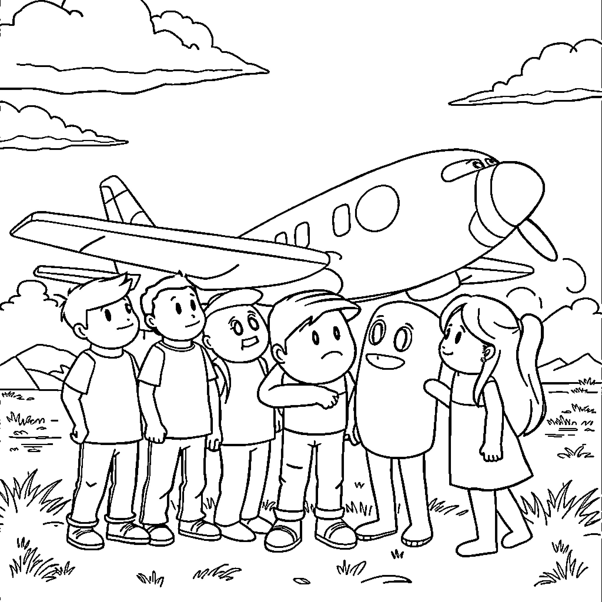 Among Us Characters Explore the Airplane Coloring Page (free black-and-white line drawing printable PDF for all, from beginners to advanced learners, including children, teens, adults, and seniors)