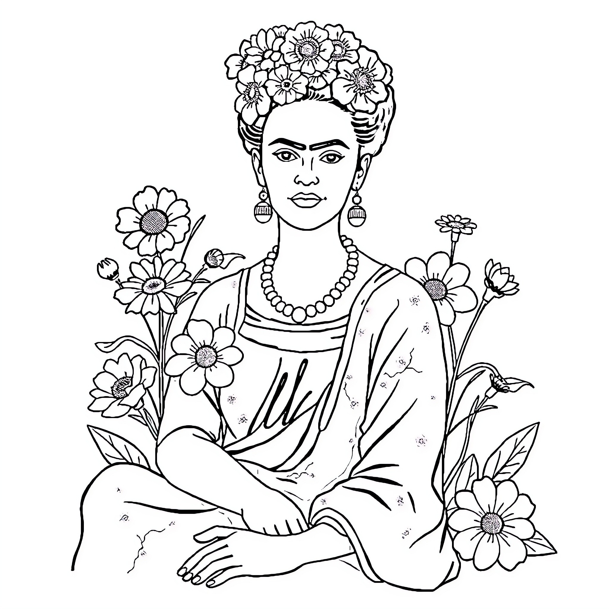 Frida Kahlo surrounded by floral imagery Coloring Page (free black-and-white line drawing printable PDF for all, from beginners to advanced learners, including children, teens, adults, and seniors)